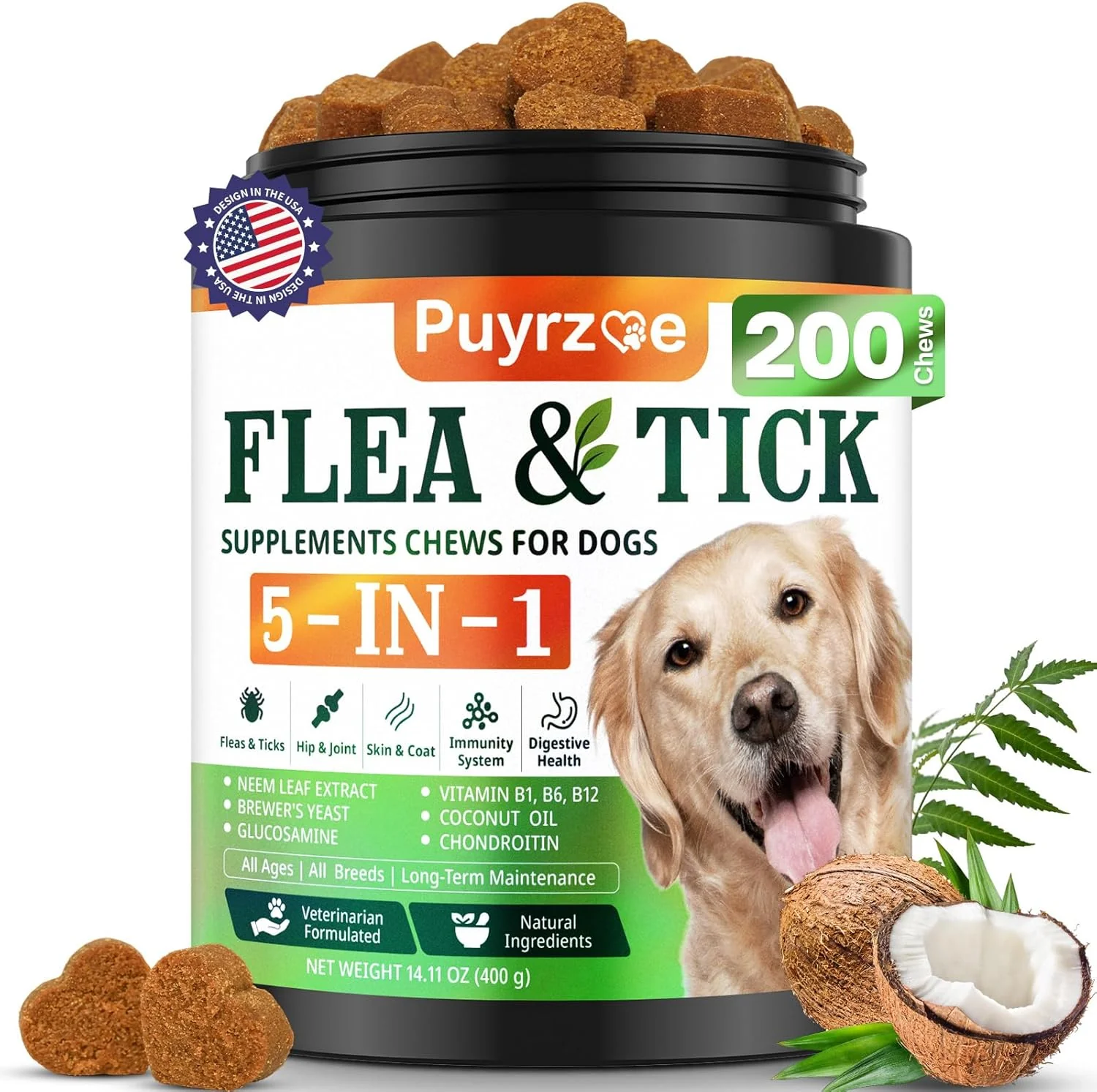 Premium 5-in-1 Dog Flea and Tick Treatment Chewable Natural Flea and Tick Prevention for Dogs Chewable - Flea Tick Hip Joint Skin Coat Immunity Support Digestive for All Breeds Sizes Green