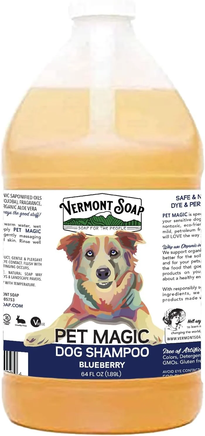 Prestigious VERMONT SOAP Organics Pet Shampoo - Infused with Organic Natural Olive Oil Coconut Aloe Vera Dog Shampoo for Sensitive Skin - USDA Grooming Blueberry 64oz High-Quality