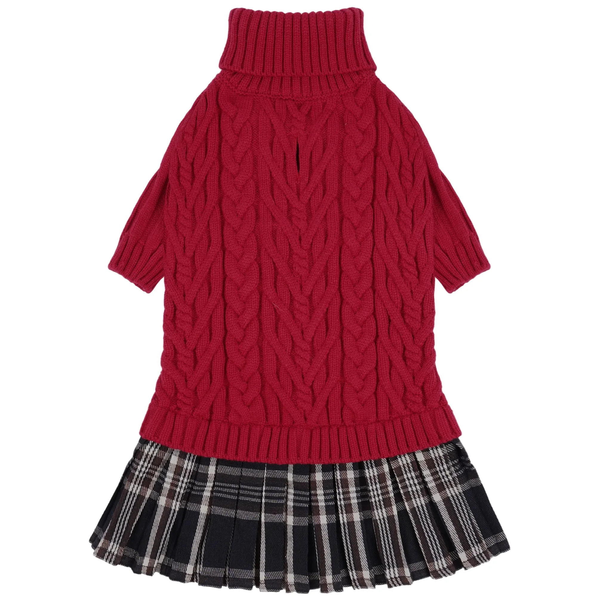 Healthy IECOii Girl Dog Sweater Dress – Red Cable Knit with Tartan Skirt for Small Dogs Turtleneck Winter Pullover Powerful