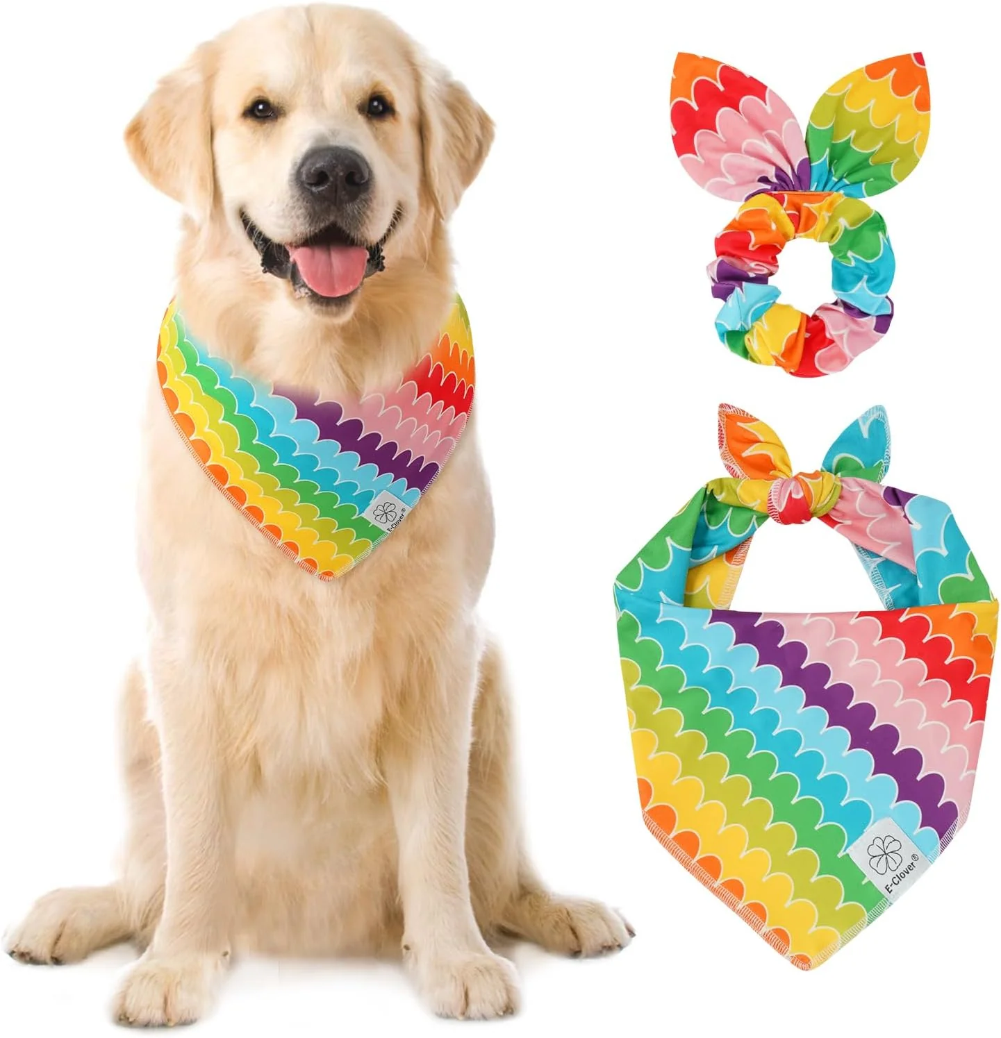 Smart E-Clover Rainbow Dog Bandanas Matching Scrunchie Set Girl Cute Pride Dog Scarf Bibs Pet Bandana with Bow Tie for Medium Large Dogs Owner Mom Summer Responsible
