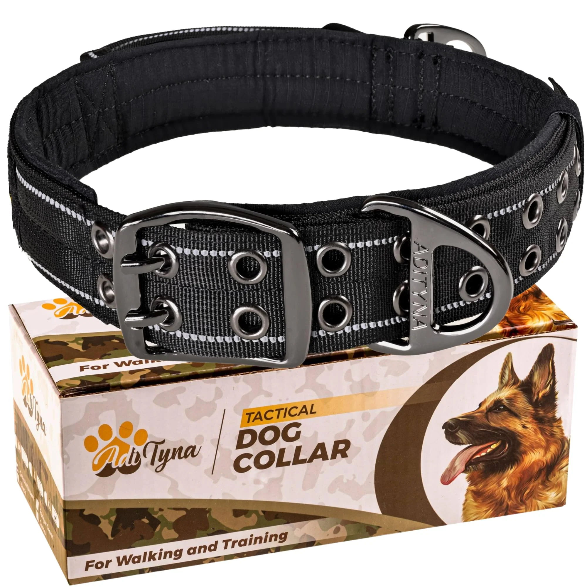 Enhanced ADITYNA Heavy Duty Dog Collar for Extra-Large Dogs – Reflective Black XL with Handle Responsible