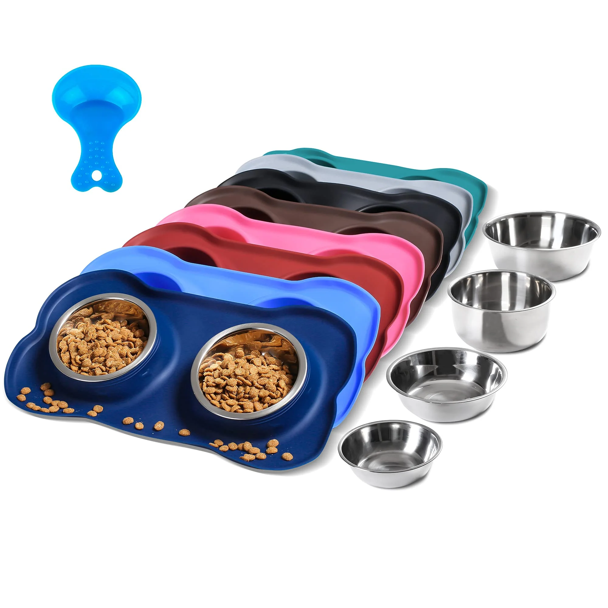 Reliable Hubulk Pet Dog Bowls – 2 Stainless Steel Bowls with No-Spill Silicone Mat Scoop Medium Navy Practical