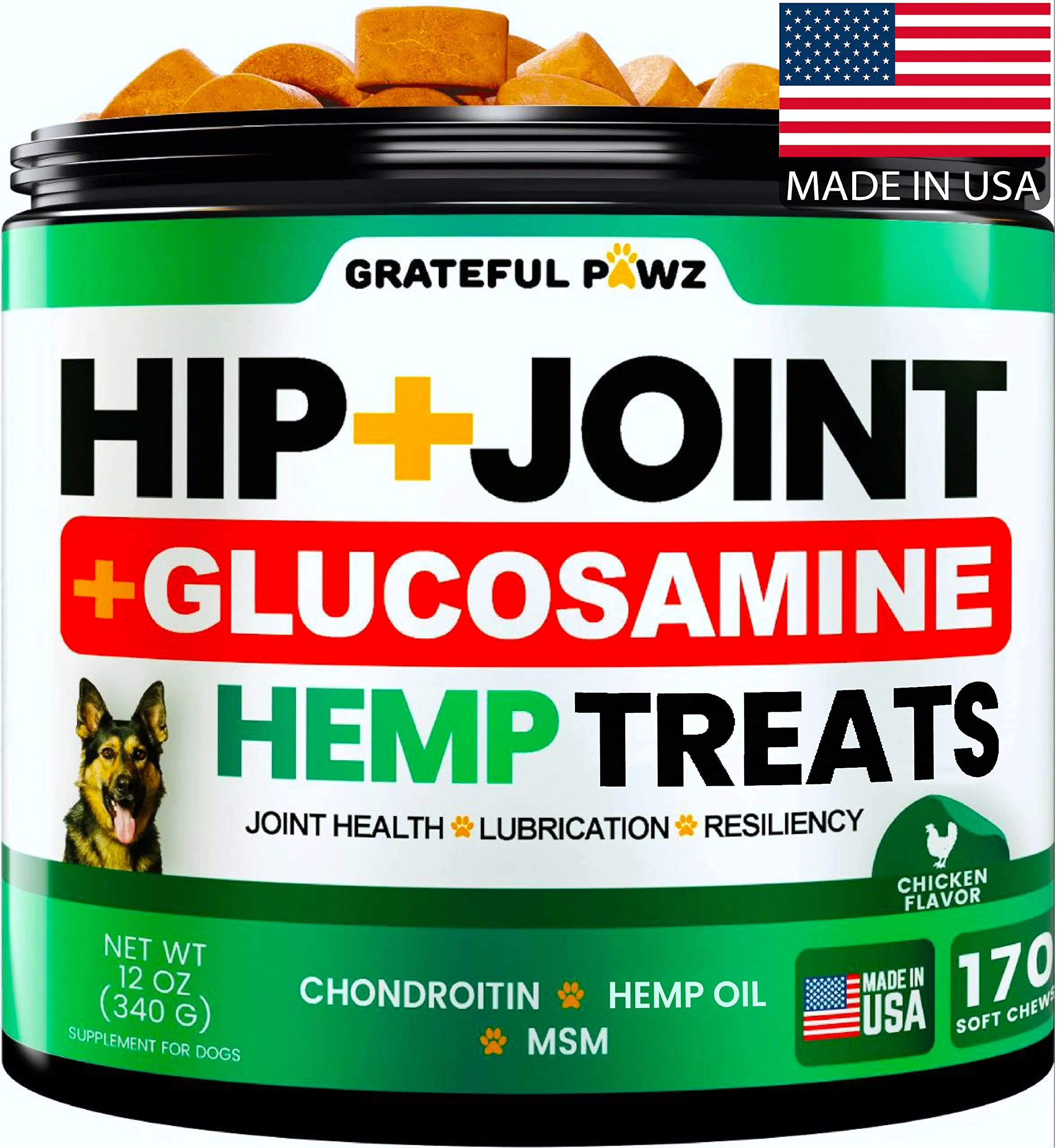 Easy-to-Use Grateful Pawz Hemp Hip Joint Supplement for Dogs – Glucosamine Chondroitin MSM Hemp Oil 170 Treats Made in USA Practical