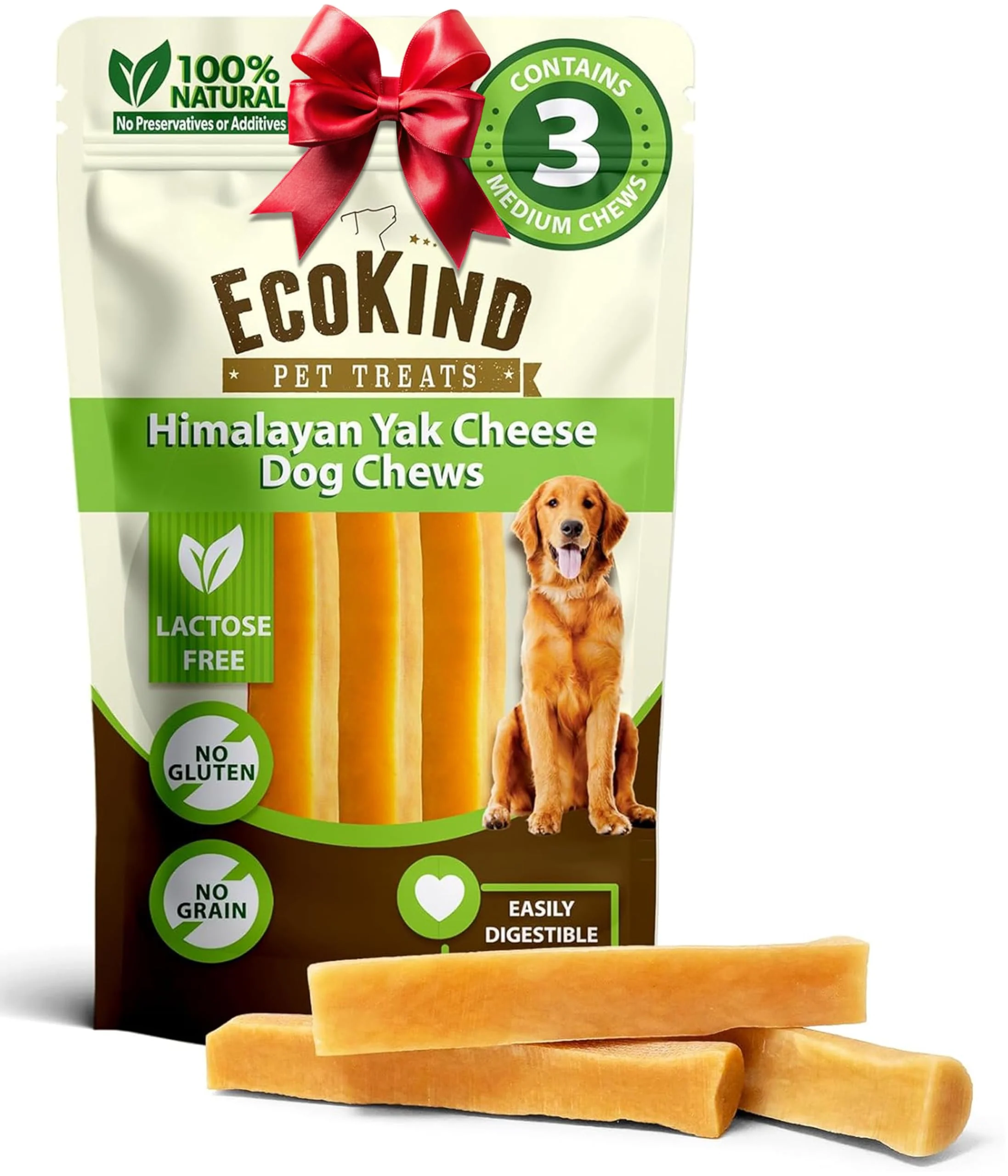 Powerful EcoKind Premium Gold Yak Cheese Himalayan Dog Chews for Medium Dogs – All Natural High Protein 3 Chews Original