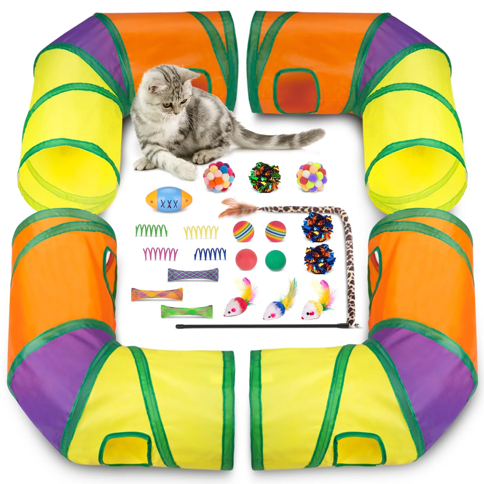 Lightweight Retro Shaw 25Pcs Cat Toys with Kitten Tunnels - Interactive Indoor Kitten Toy Set Safe