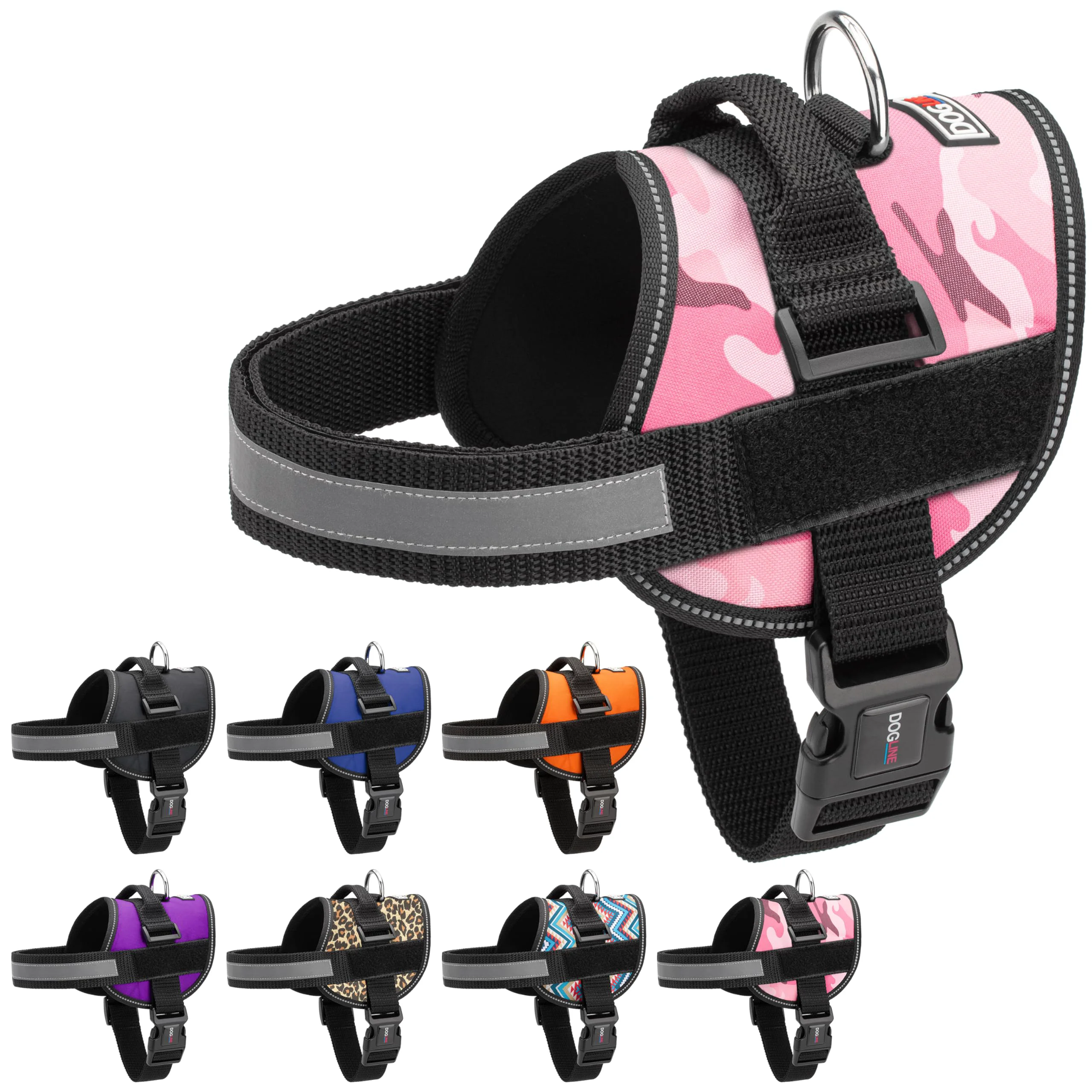 Flexible Dogline Reflective No-Pull Harness with Handle – Adjustable Pink Camo Girth 27-34 in Enhanced