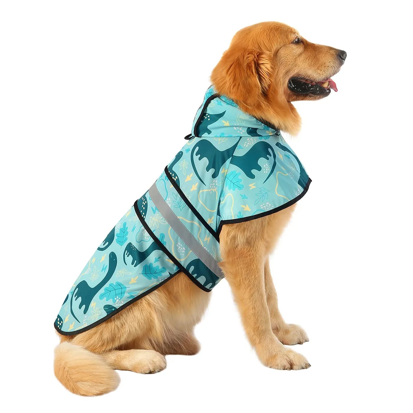 Detailed HDE Dog Raincoat Jacket with Reflective Hood — Adjustable Leash Hole Water-Resistant Dinosaurs XL Certified