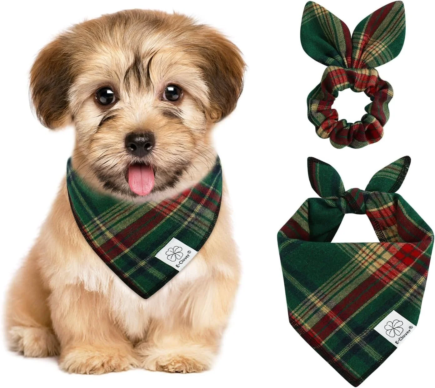 Fashionable E-Clover Dog Bandana Matching Scrunchie - Green Red Plaid Pet Scarf Cute Costumes Accessories for Small Medium Large Dogs Safe