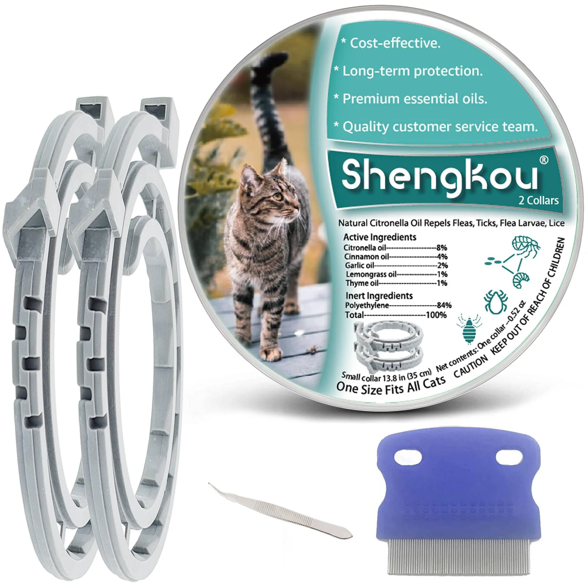Original ShengKou Flea Tick Collar for Cats – 12 Months Protection Natural Citronella Waterproof 2 Packs Clean