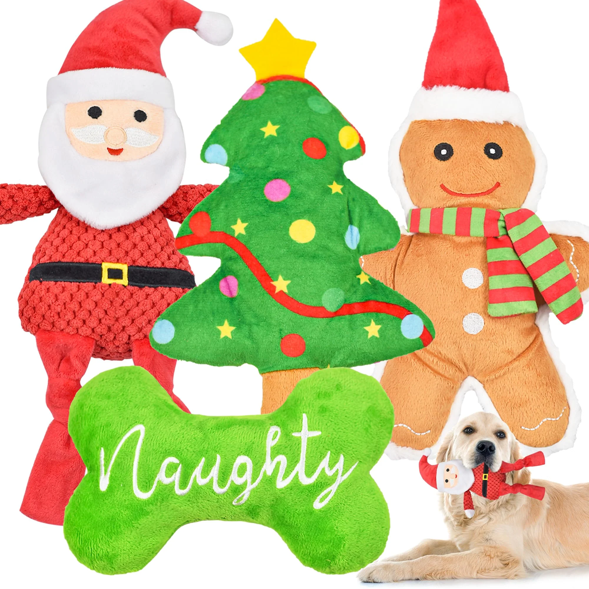 Powerful LECHONG Christmas Dog Toys 4-Pack – Squeaky Plush Chew Toys for Dogs Organic