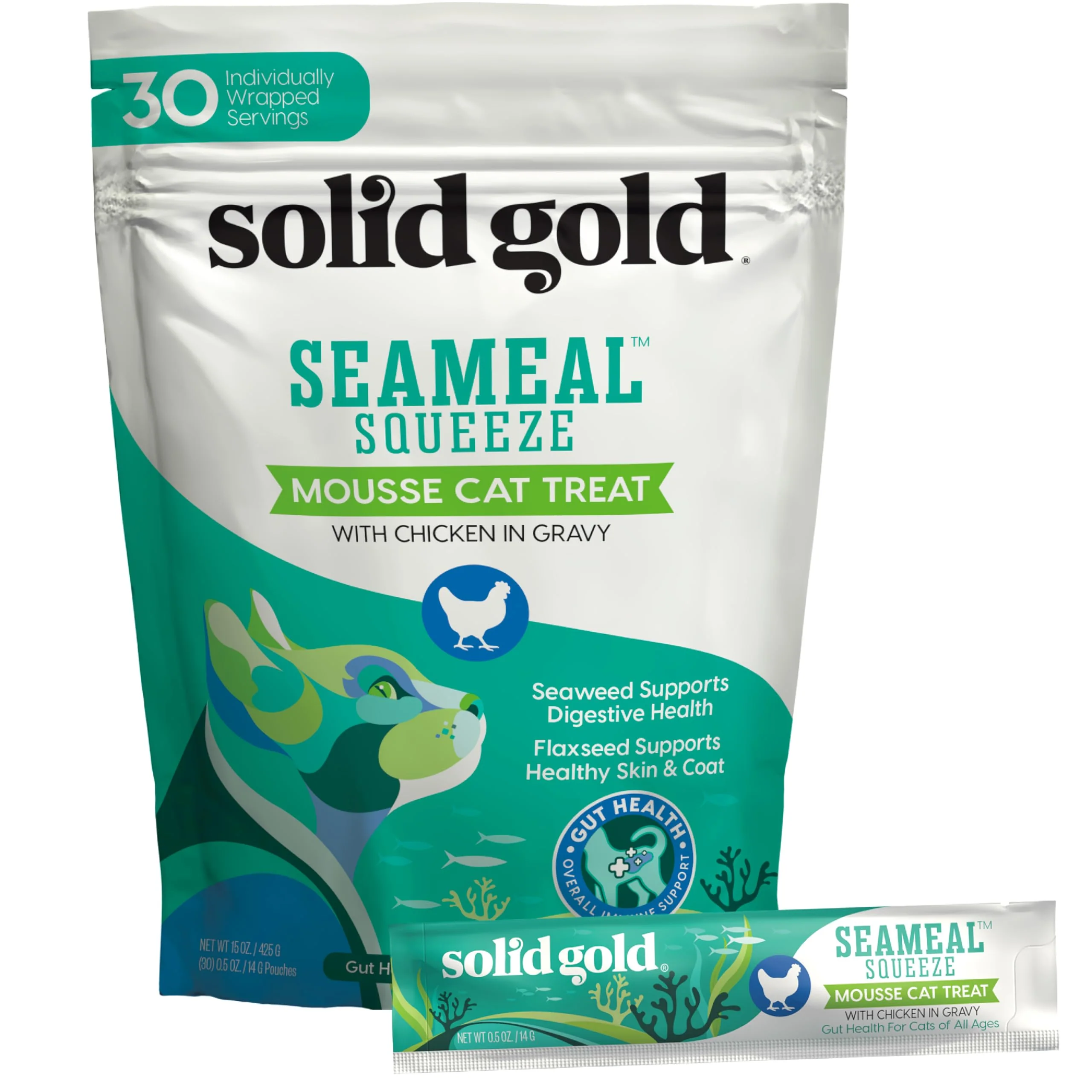 Next-Generation Solid Gold Lickable Cat Treats – Limited Ingredient Chicken SeaMeal Squeeze 3oz 30ct Fast