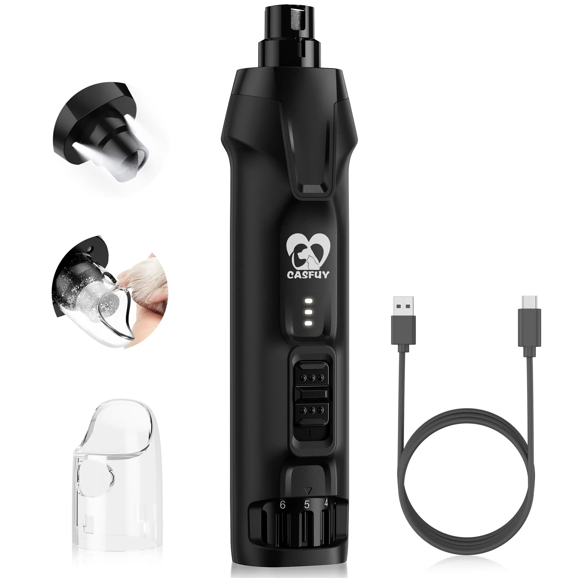 High-End Casfuy 6-Speed Dog Nail Grinder — Quiet Powerful with 2 LED Lights 2000mAh Battery Natural