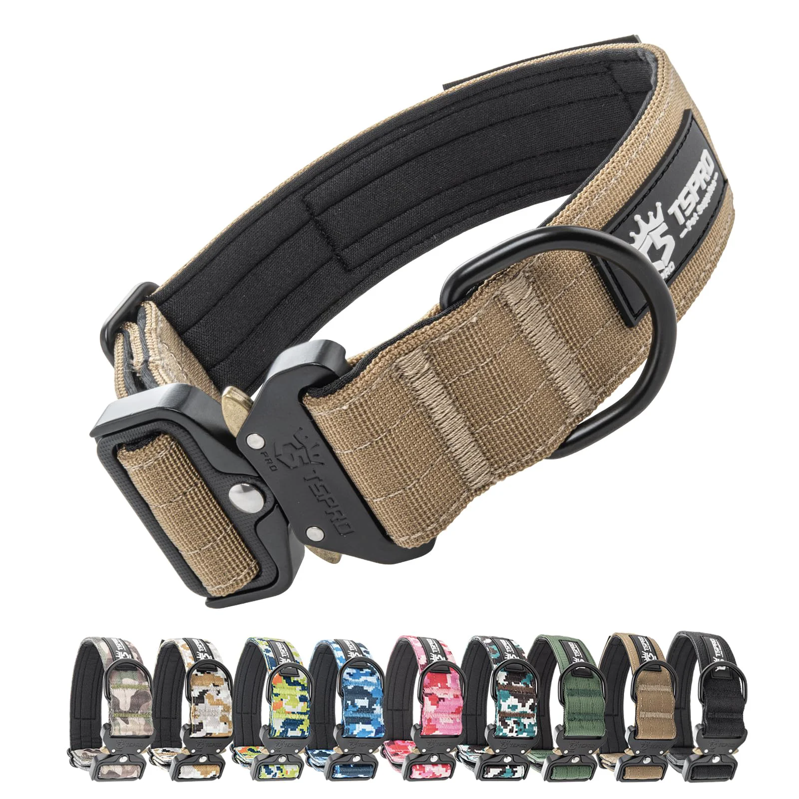 Fine Crafted TSPRO Premium Tactical Dog Collar with Patch Panel - Heavy-Duty Quick-Release Buckle Khaki Size L Stylish