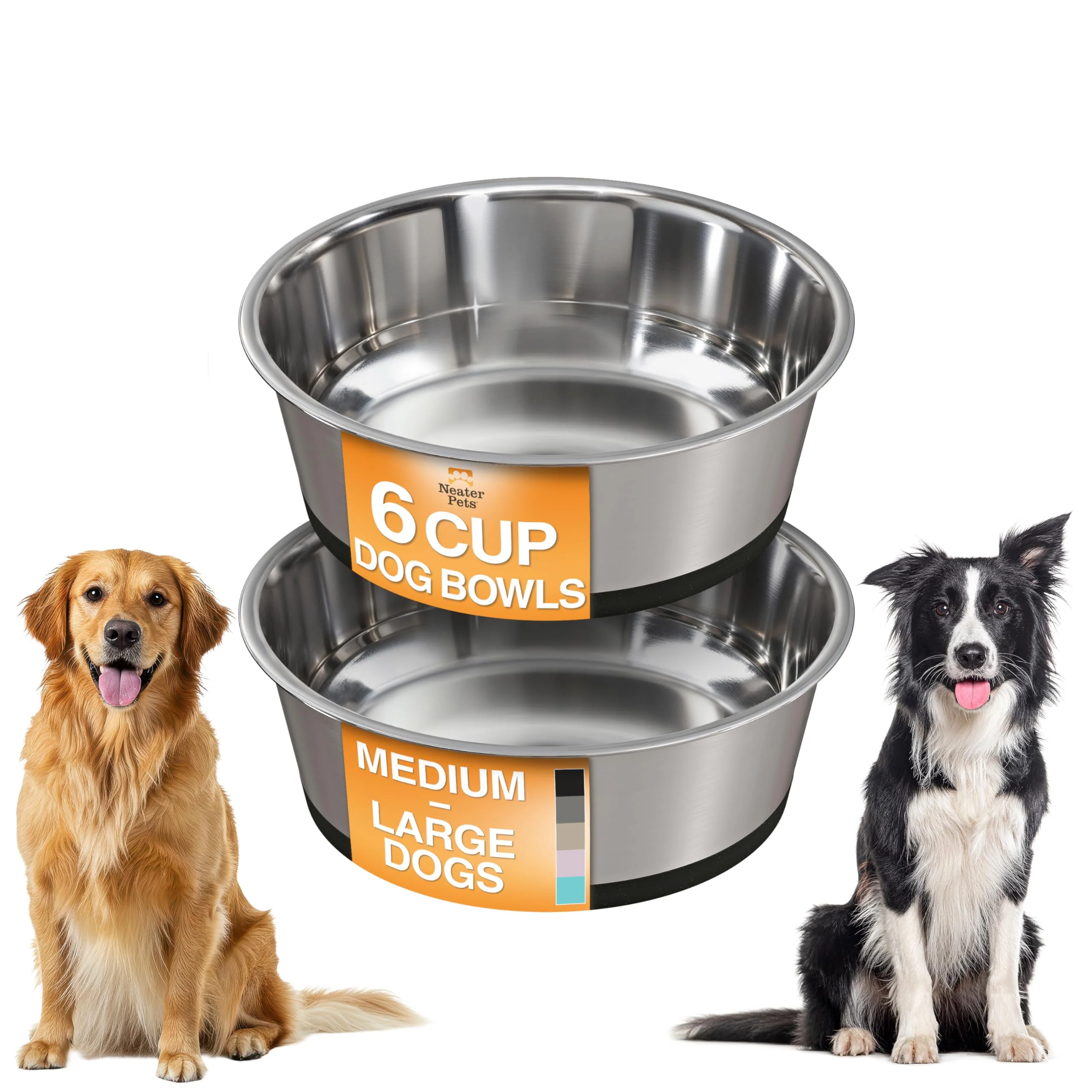 Natural Neater Pet Brands Stainless Steel Dog Bowls - Non-Slip 2-Pack 6 Cup 48 oz Black Trusted