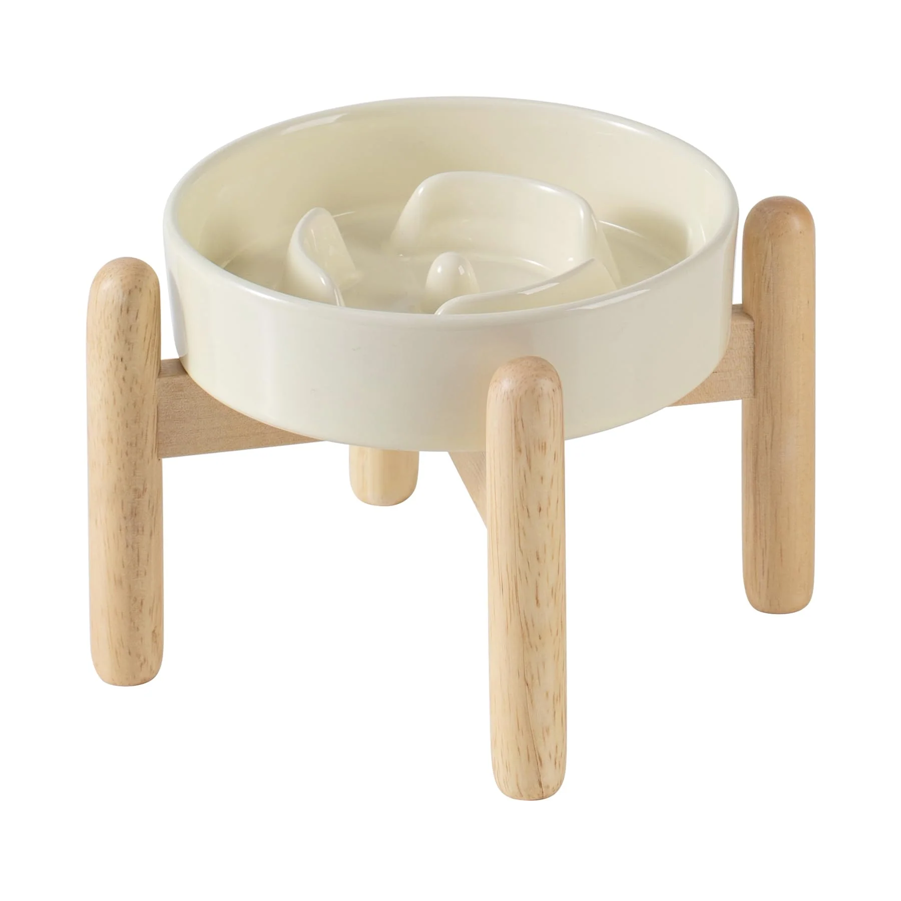 Lightweight Havniva Ceramic Raised Slow Feeder Bowl with Wooden Stand for Small Dogs Cats – 6.1in Puzzle Dish Specialty