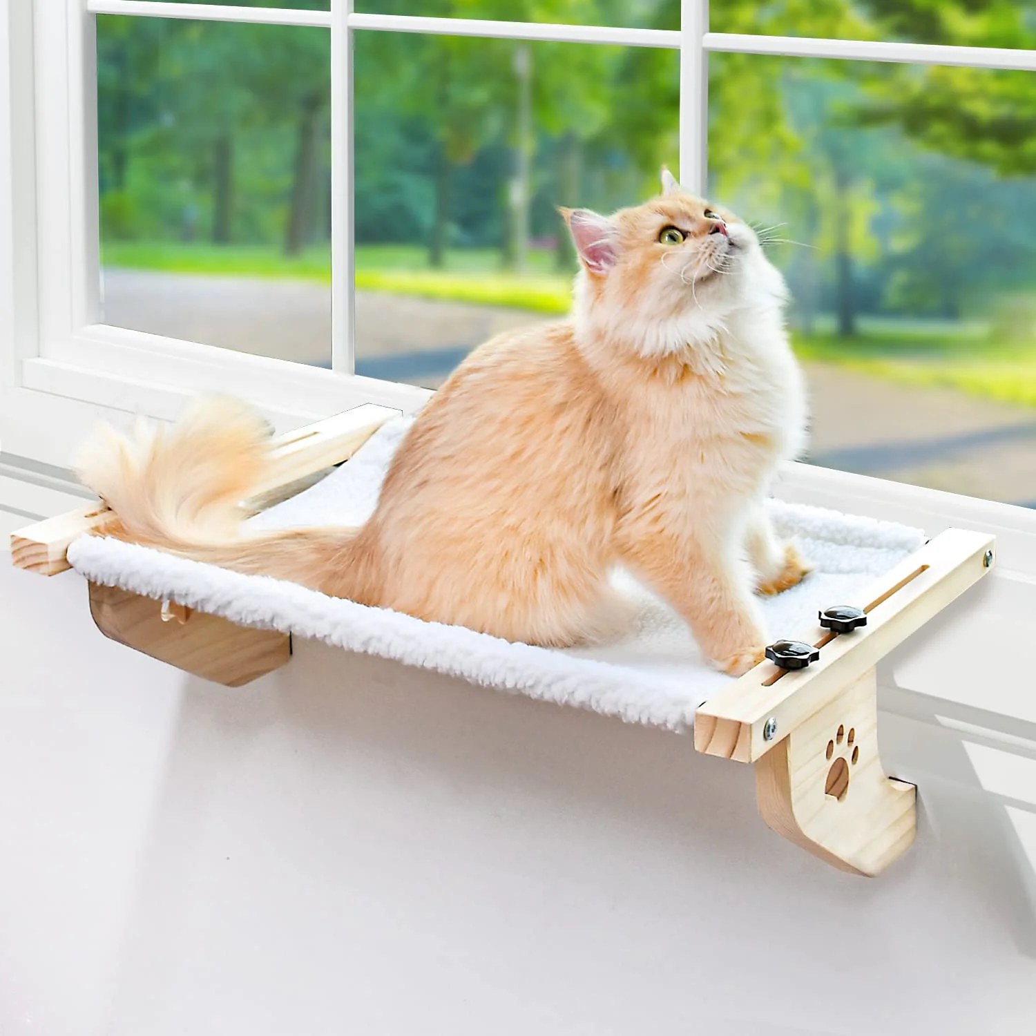 Exceptional AMOSIJOY Cat Sill Window Perch - Sturdy 24.4-inch Window Seat for Large Cats White Plush Premium Material