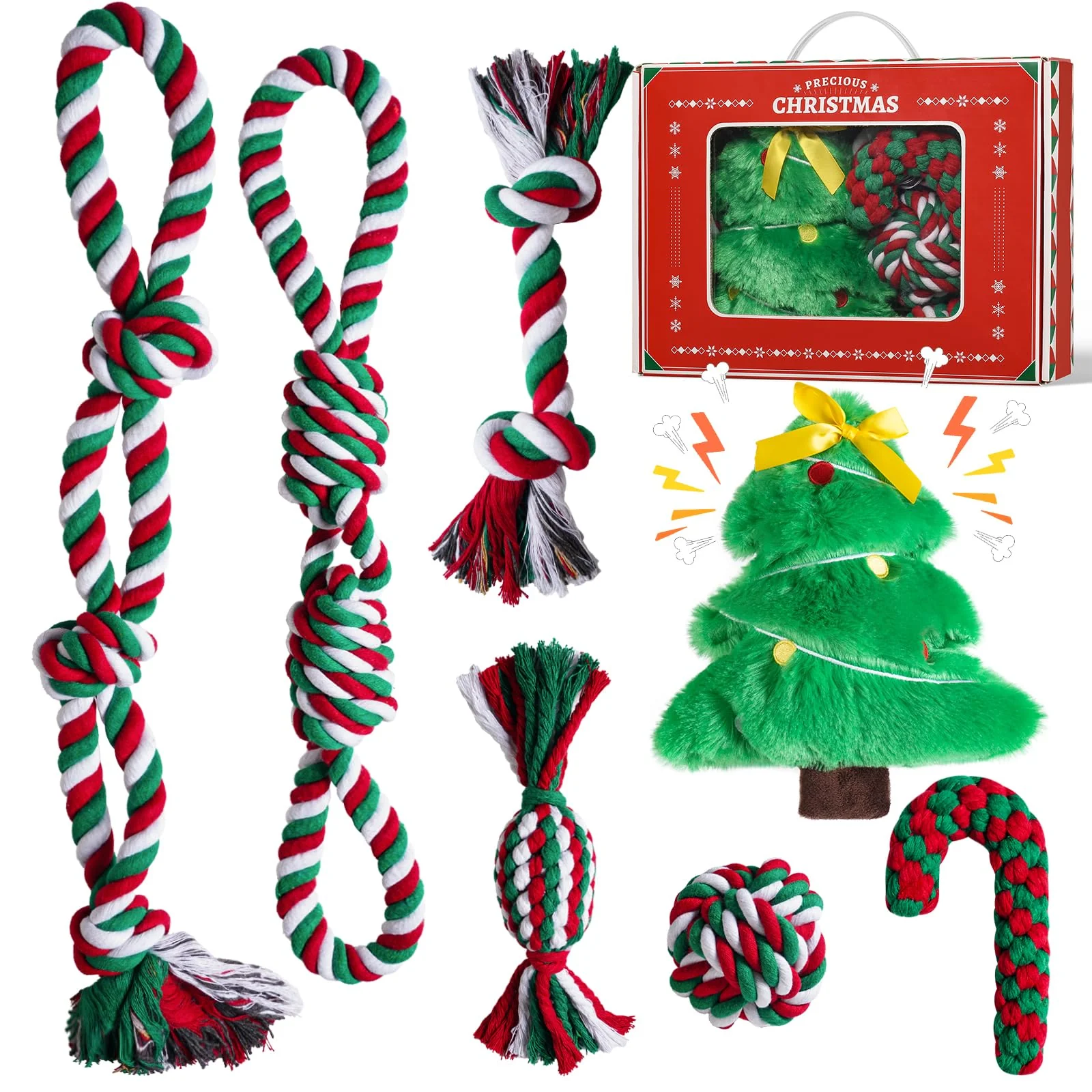 Trendy Aitmexcn Christmas Dog Rope Toys Set - 7 Pack for All-Sized Dogs Interactive Squeaky Chews Versatile