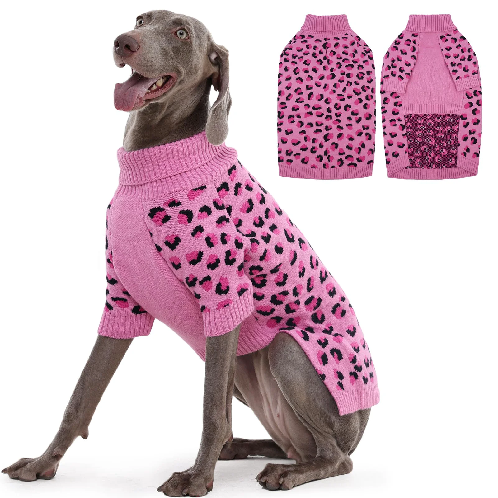 Solid ROZKITCH Dog Sweaters for Cold Weather — Foldable Turtleneck Leopard Knit Pink XL for Medium Breeds Detailed
