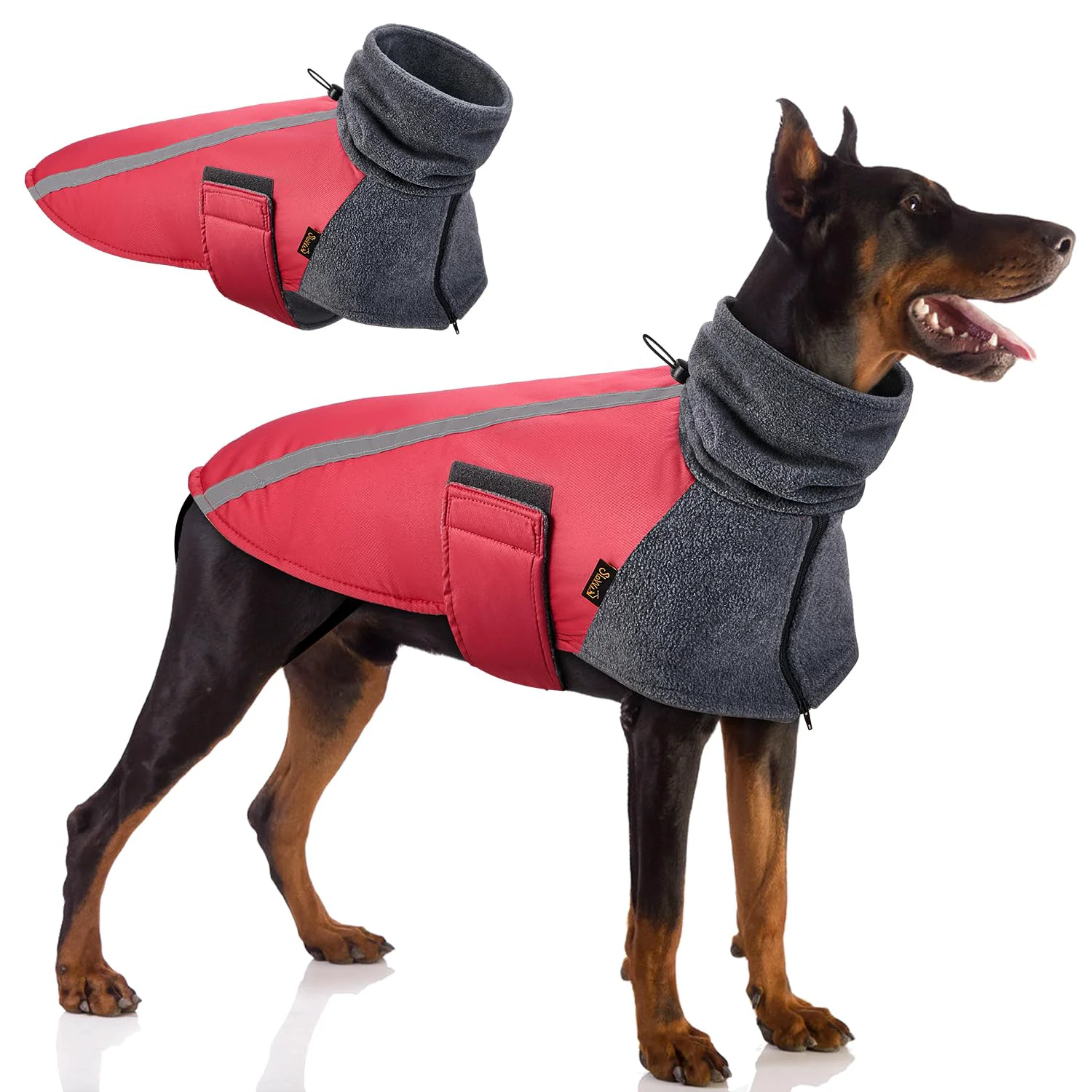 Reusable SlowTon Winter Dog Coat - Warm Polar Fleece Lining Reflective Waterproof Adjustable Fit L Red Luxury