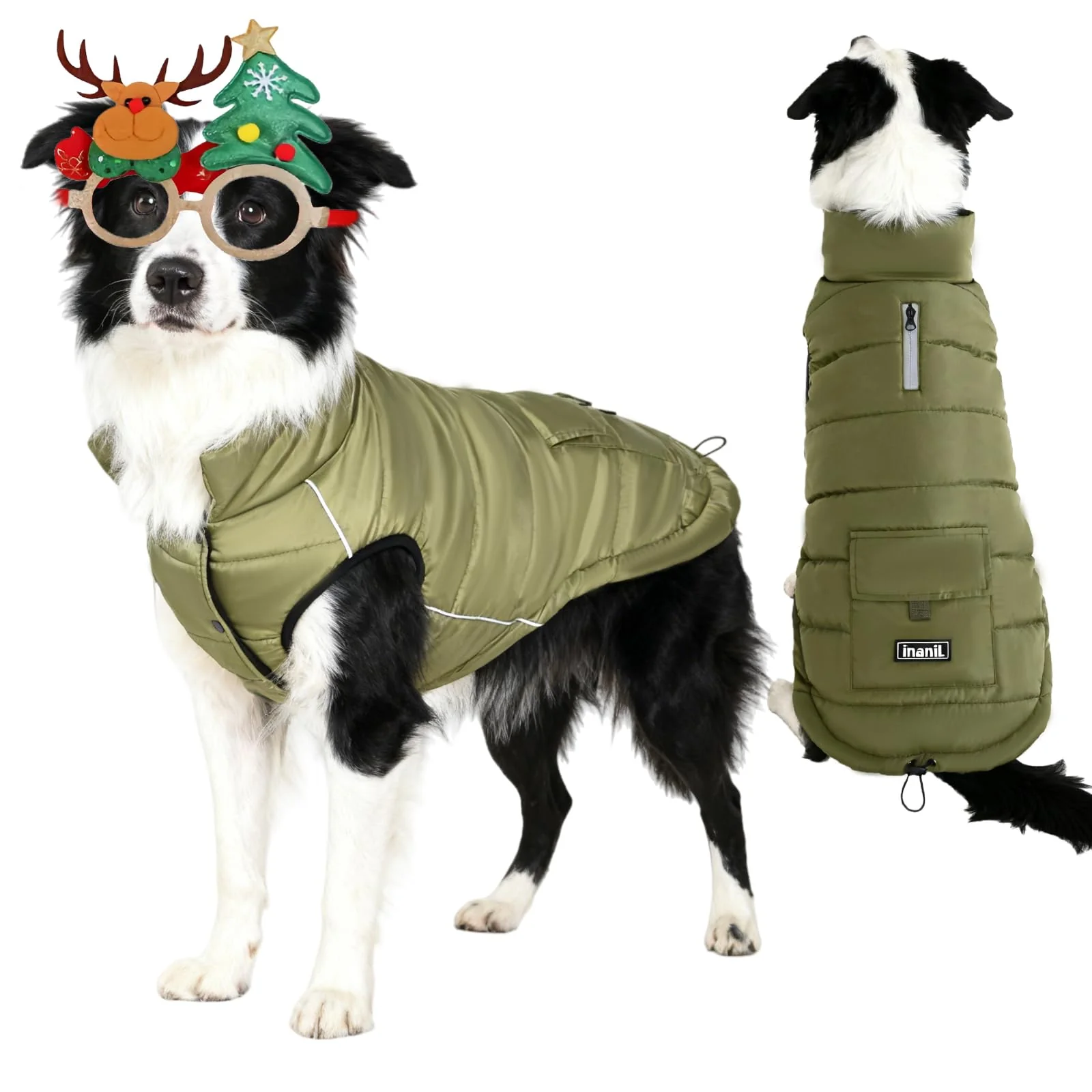 Refined Inanil Dog Winter Puffer Jacket – Waterproof Reflective Fleece-Lined Coat Olive 3XL Premium Material