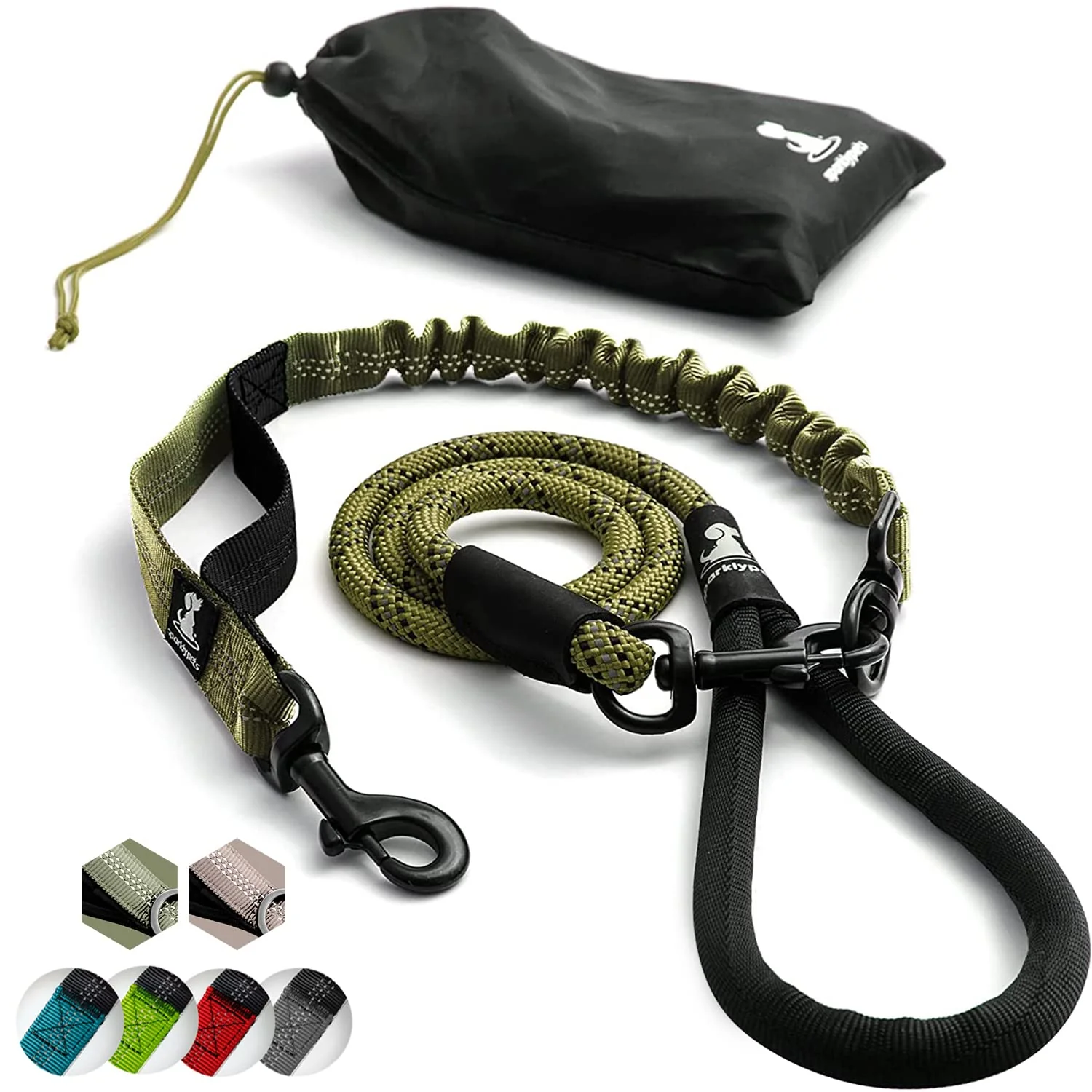 Proven SparklyPets Heavy Duty Rope Bungee Leash for Large Medium Dogs – Anti-Pull Shock Absorption No-Slip Reflective 5.5 ft Green Range Modern