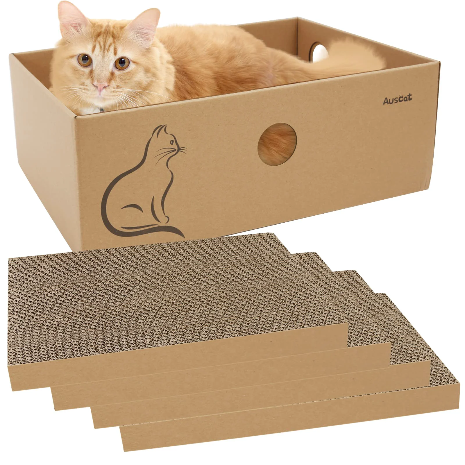 Efficient AUSCAT Cat Cardboard Scratcher – 4 Reversible Boards Box for Indoor Cats 14.8L x 10.8W x 5.2H Exceptional