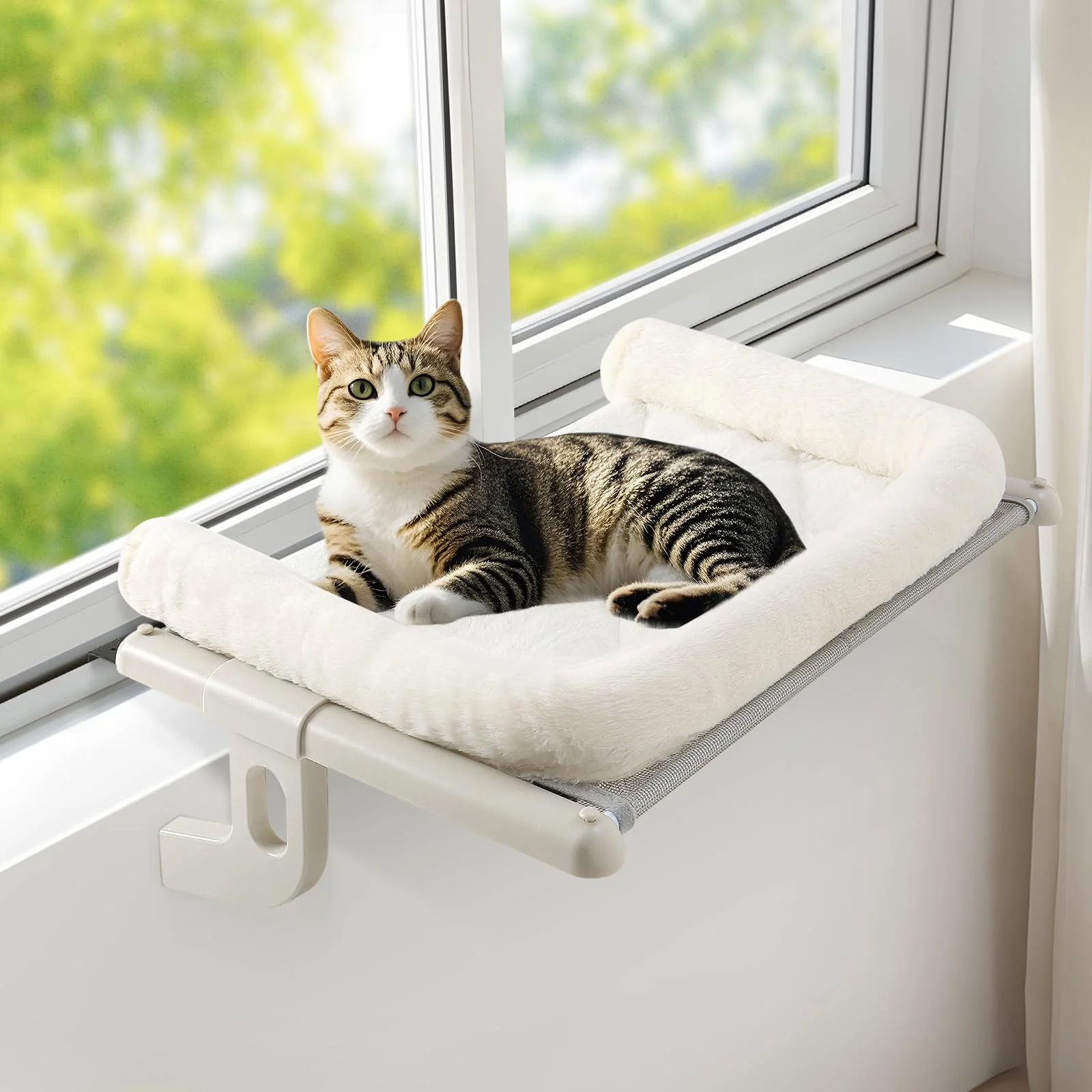 High-Performance Sunhoo Cat Window Perch Hammock – Sturdy 40 lb Capacity No Drilling Adjustable Washable Cover White S Prestigious
