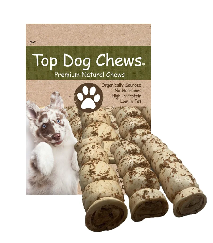 High-Performance Top Dog Chews – Buffalo Beef Cheek Rolls 10 –12 with Bully Dust Sprinkles 3 Pack Rawhide High-Quality