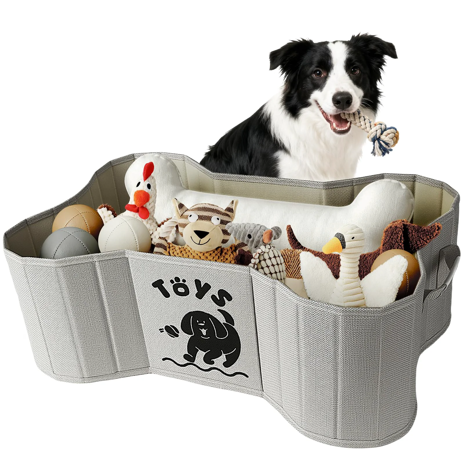 Safe GreenPetopia 39L Collapsible Dog Toy Basket — Bone Design PU Handles Gray 22x14.4x7.5 in Classic