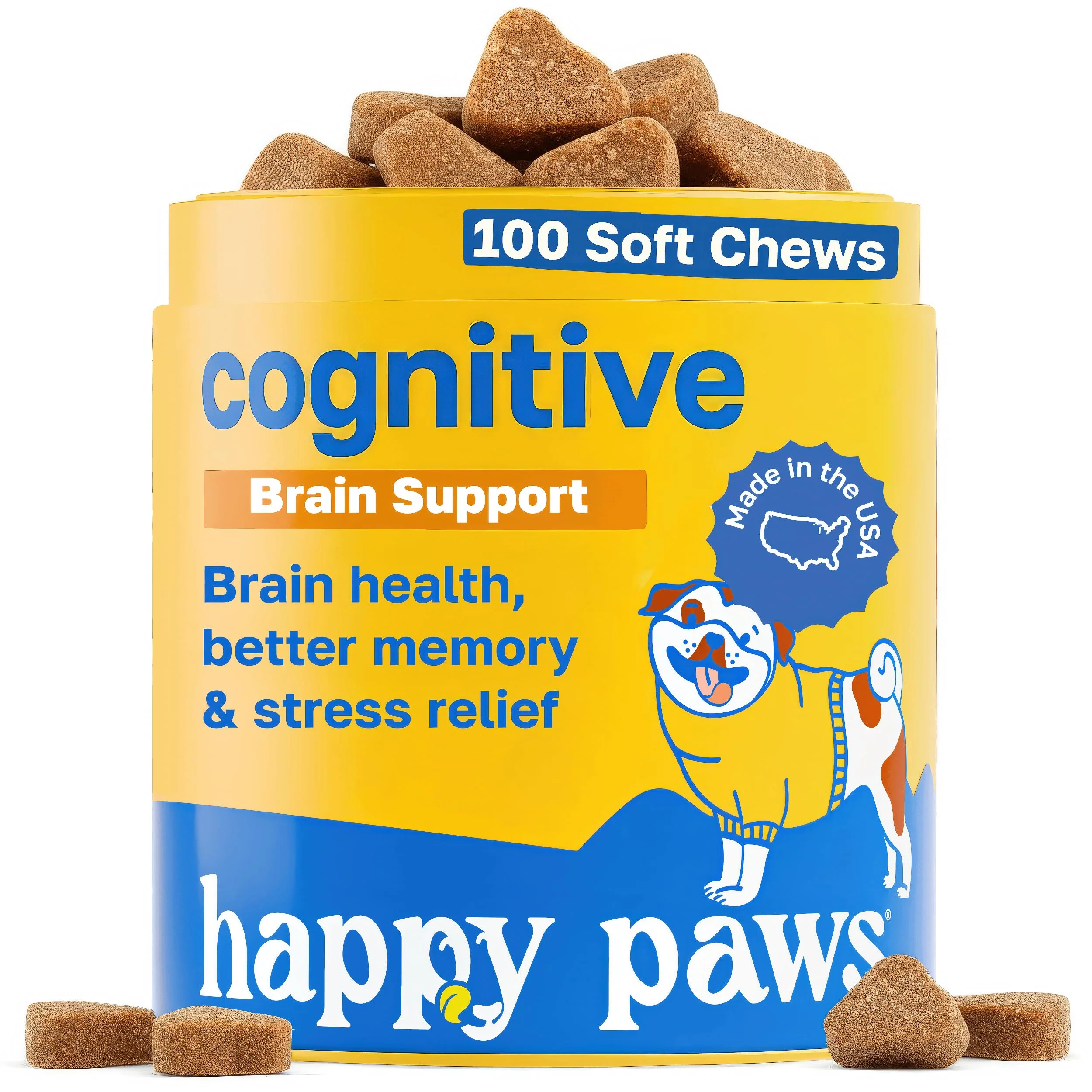 Sustainable Happy Paws Cognitive Supplement for Dogs — Chicken Soft Chews with Taurine Spirulina CoQ10 B Vitamins Sophisticated