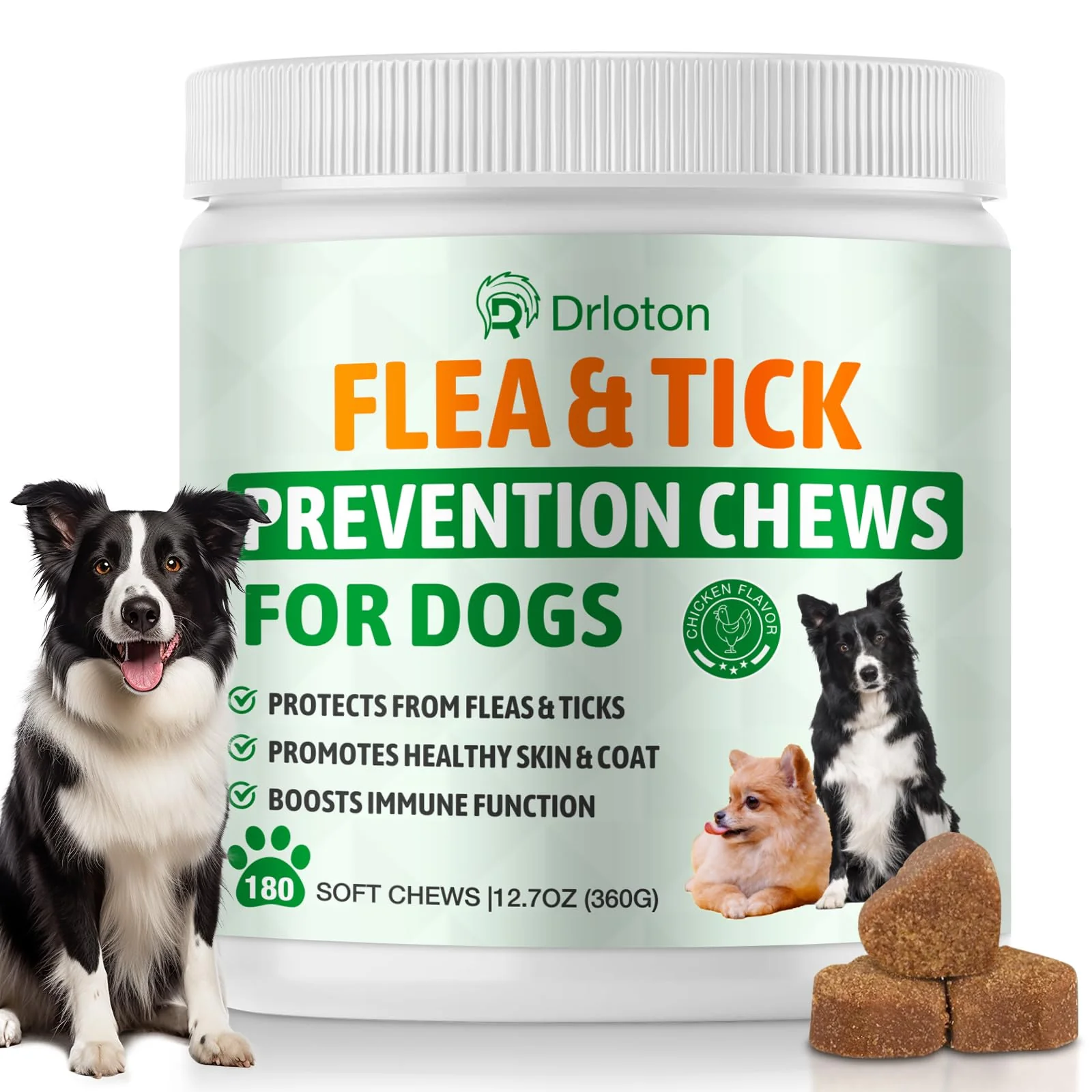 Premium Drloton Flea Tick Prevention Chews for Dogs - 180 Soft Chicken Flavor Treats for All Breeds Original Design