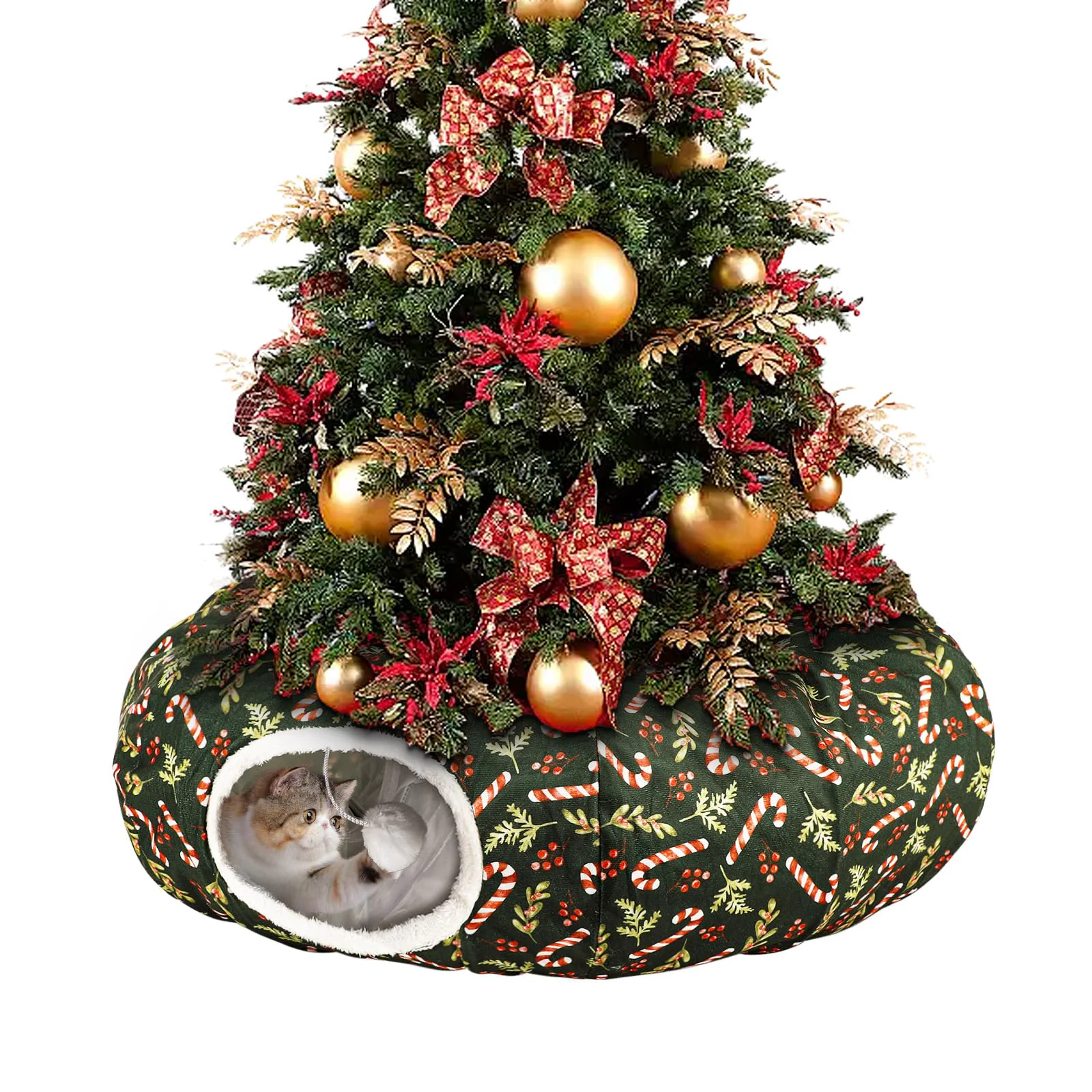 Practical Lonepetu Cat Tunnel Bed Under Christmas Tree – Foldable 3x3x9.8in Green Candy Cane Unique