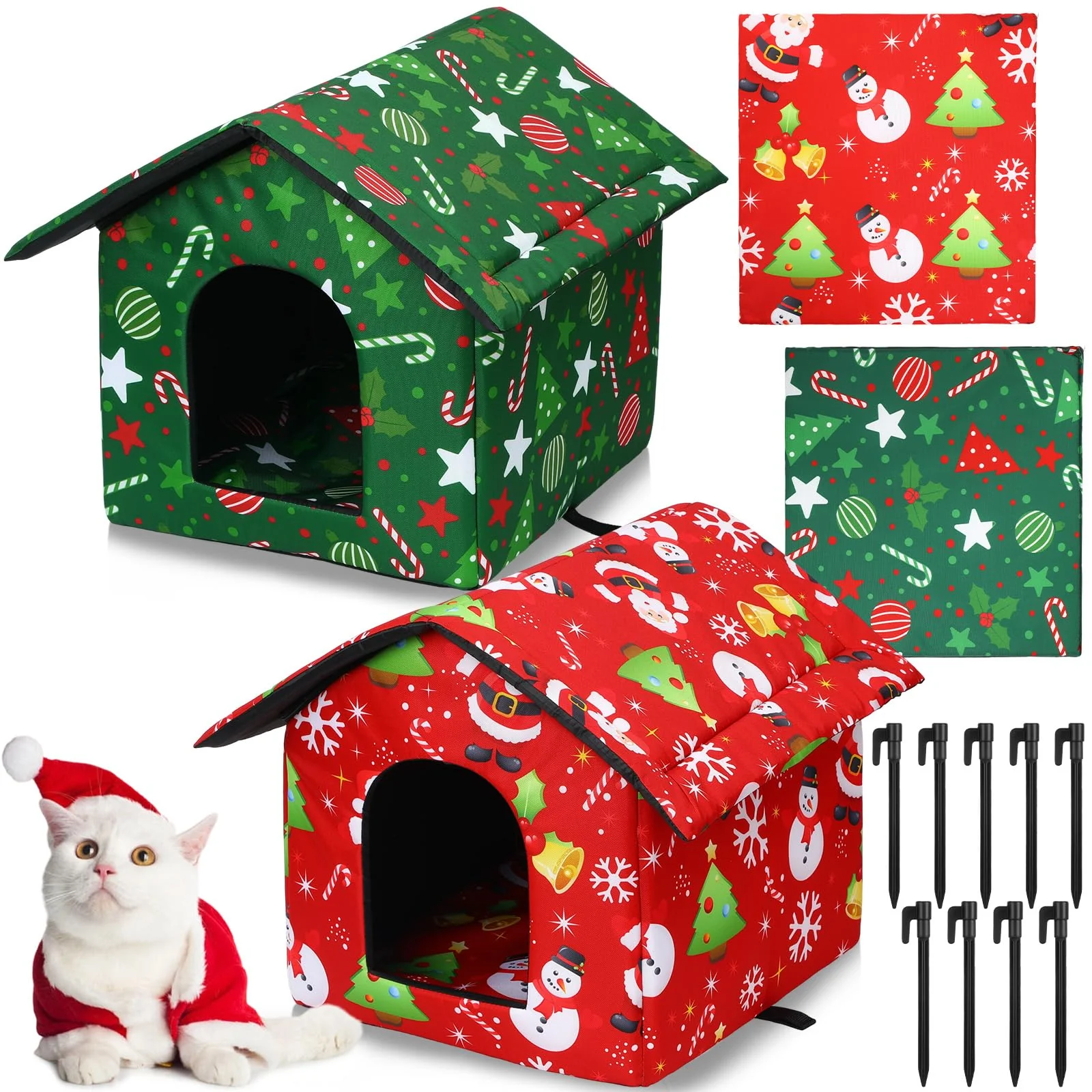 Functional Cinnvoice 2 Sets Christmas Outdoor Cat House - Waterproof Winter Shelter for Cats Small Pets Smart
