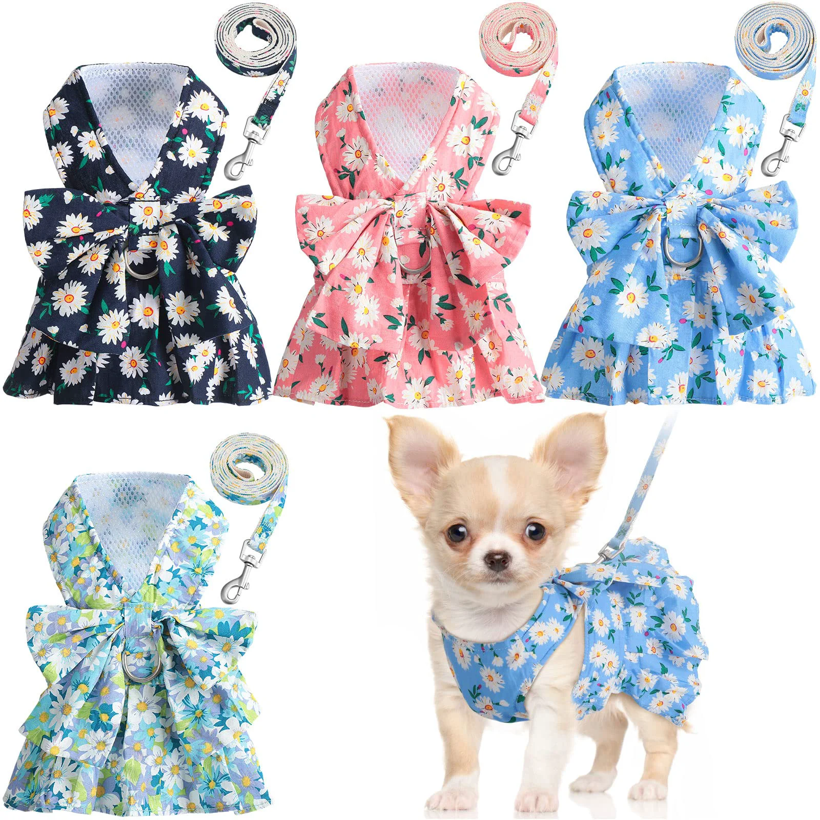 Official Sanwuta 4 Pack Harness Dog Dress Bowknot Set – Floral Princess Outfits Small Eco-Friendly