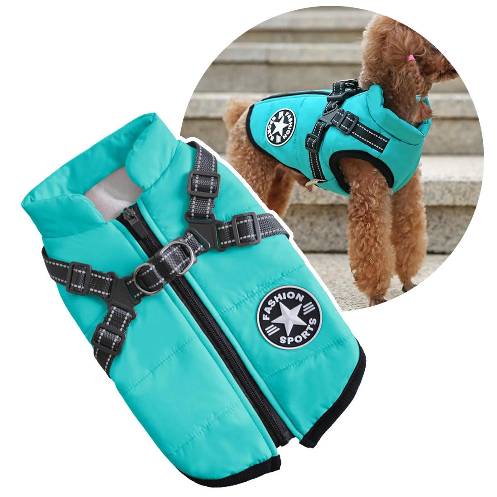 Next-Generation Oncpcare Small Dog Jacket with Harness — Aqua Winter Coat for Cats Puppies Fine