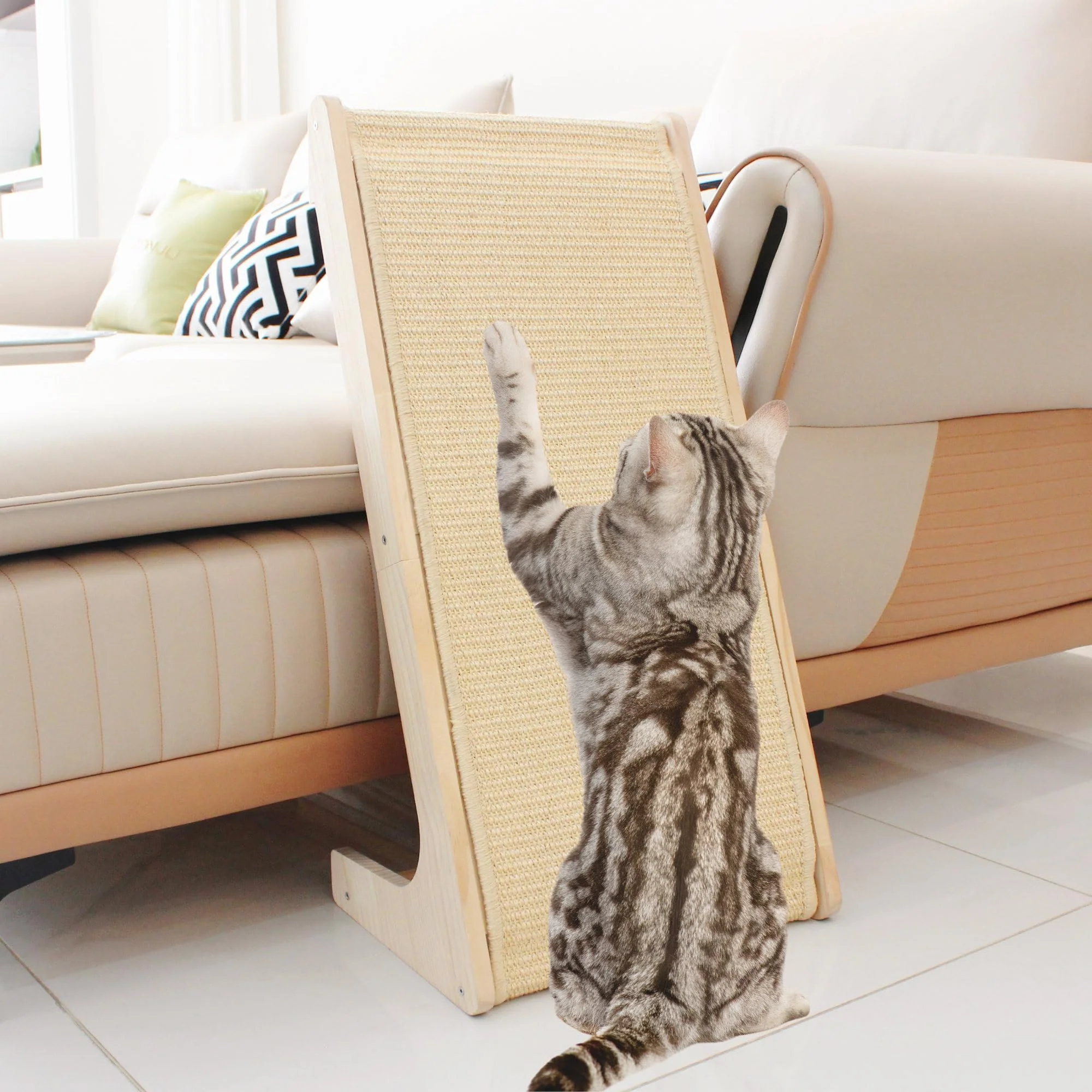 Natural Pawzentic Cat Scratcher for Indoor Cats – Ramp Vertical Board and Replaceable Sisal Mat Safe