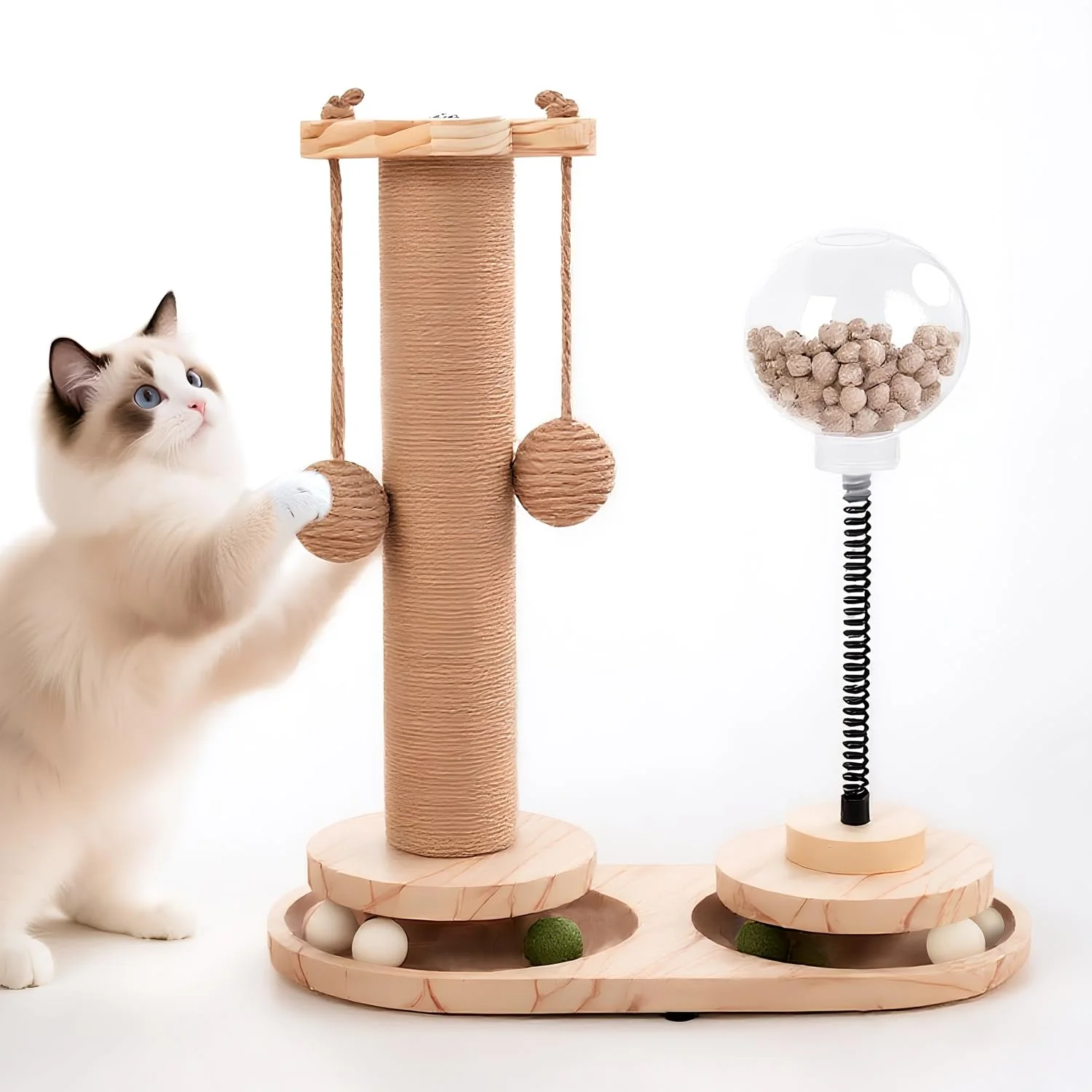 High-Quality FOR-HI 4 in 1 Cat Scratching Post – Wooden Kitten Scratcher with Leaky Food Ball and 2 Sisal Balls 15.7 inches Responsible