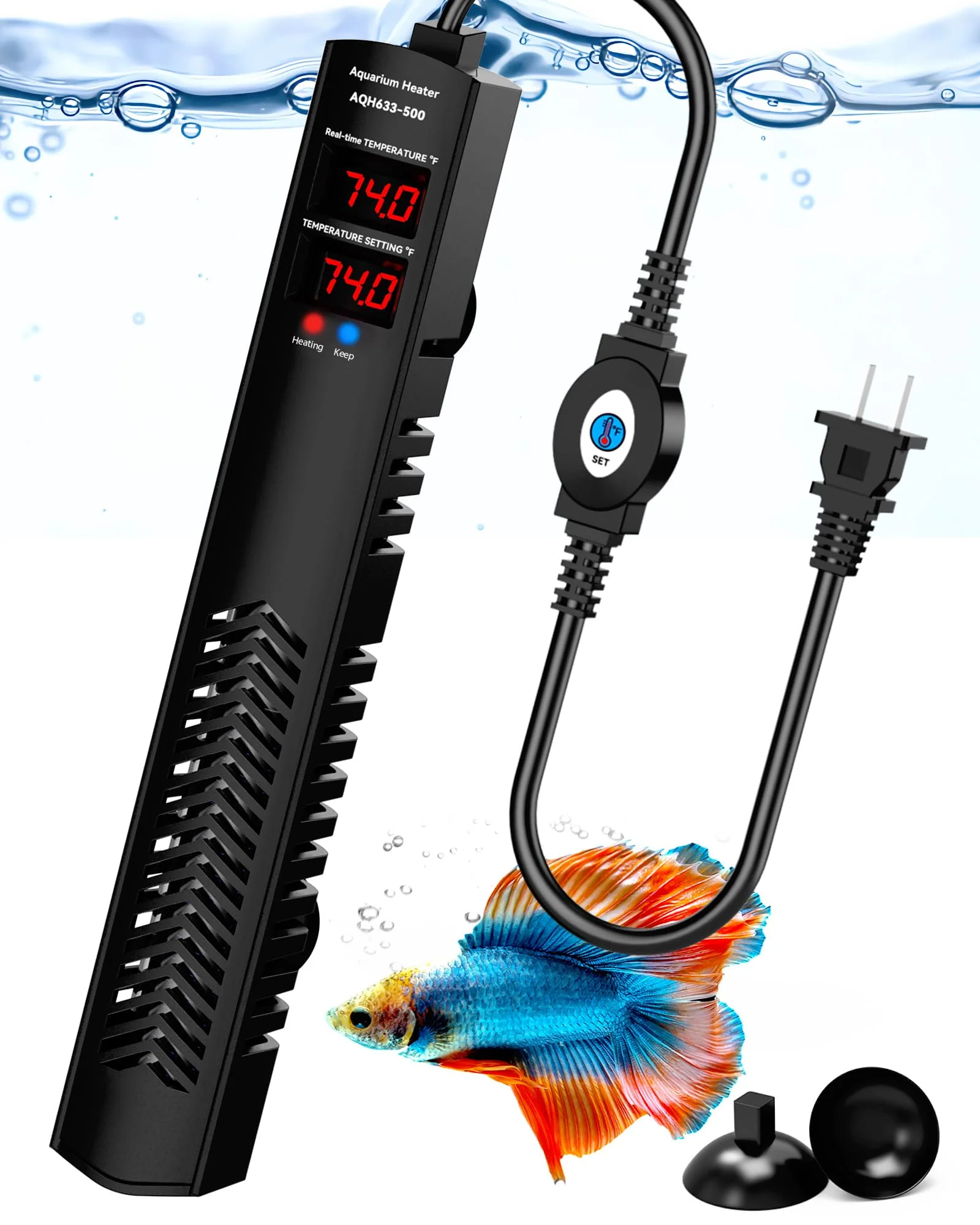 High-Performance AHJ Aquarium Heater 500W for 75–120 Gallons Accurate Temperature Control Auto Shut-Off Contemporary