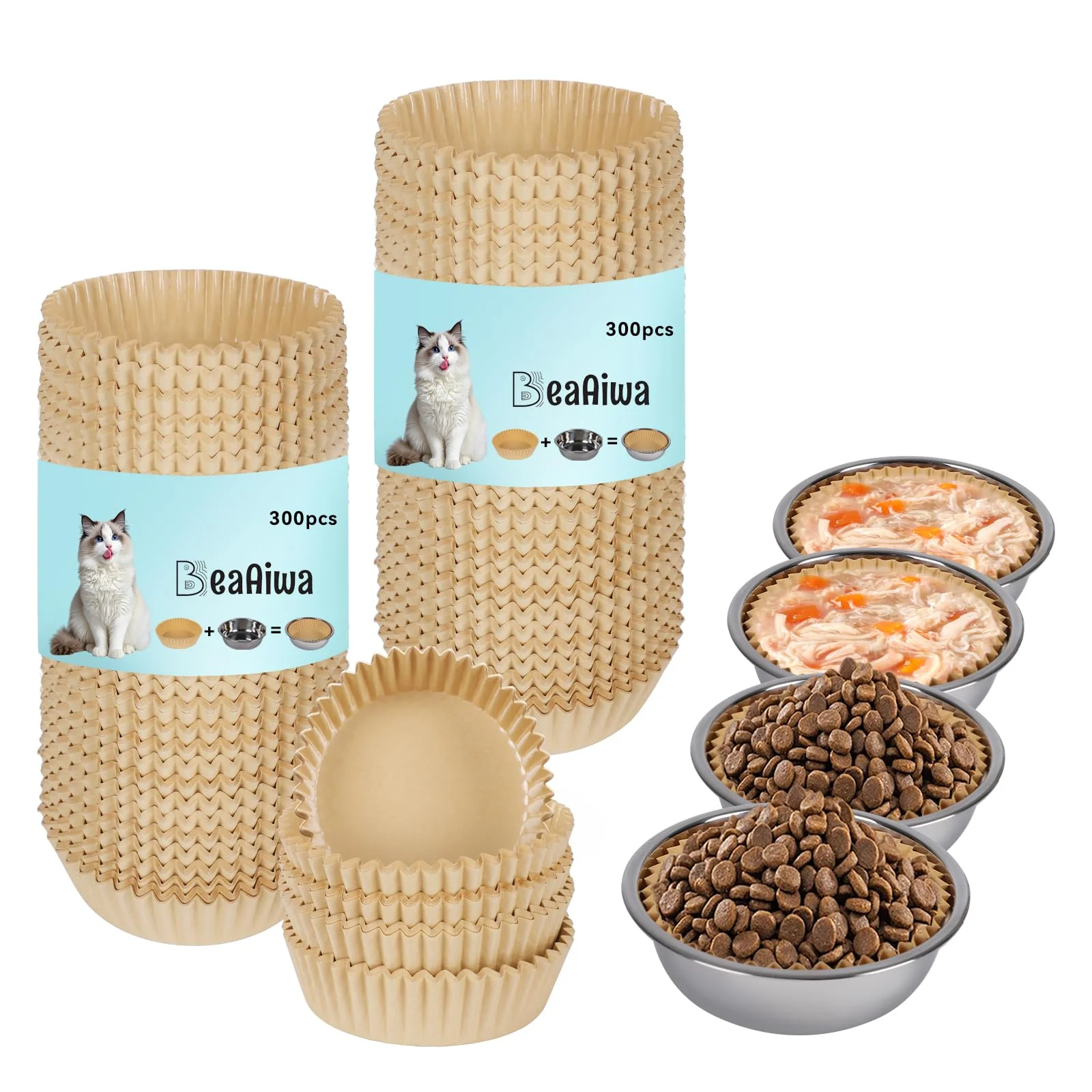 Detailed BeaAiwa Disposable Cat Food Bowl Set — 600 Paper Liners 4 Stainless Bowls Khaki Brown Reliable