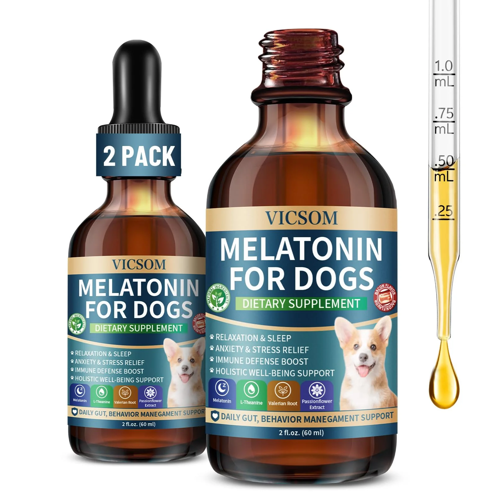 Genuine VICSOM Liquid Melatonin Drops for Dogs – 2 Pack 60ml x 2 Sleep Aid Calming Support High-Grade