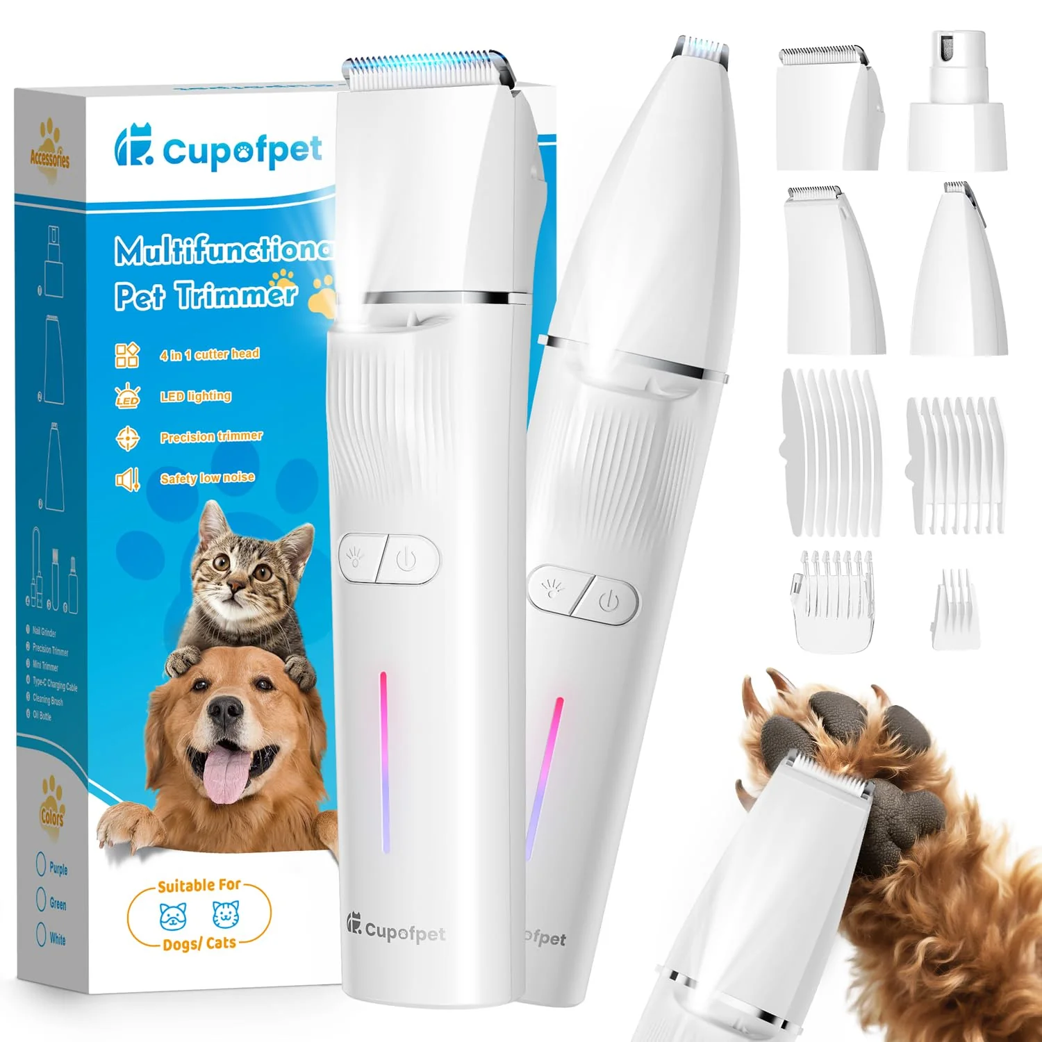 Organic Cupofpet Dog Clippers 4-in-1 Grooming Kit with LED Light 2-Speed Low Noise Reusable