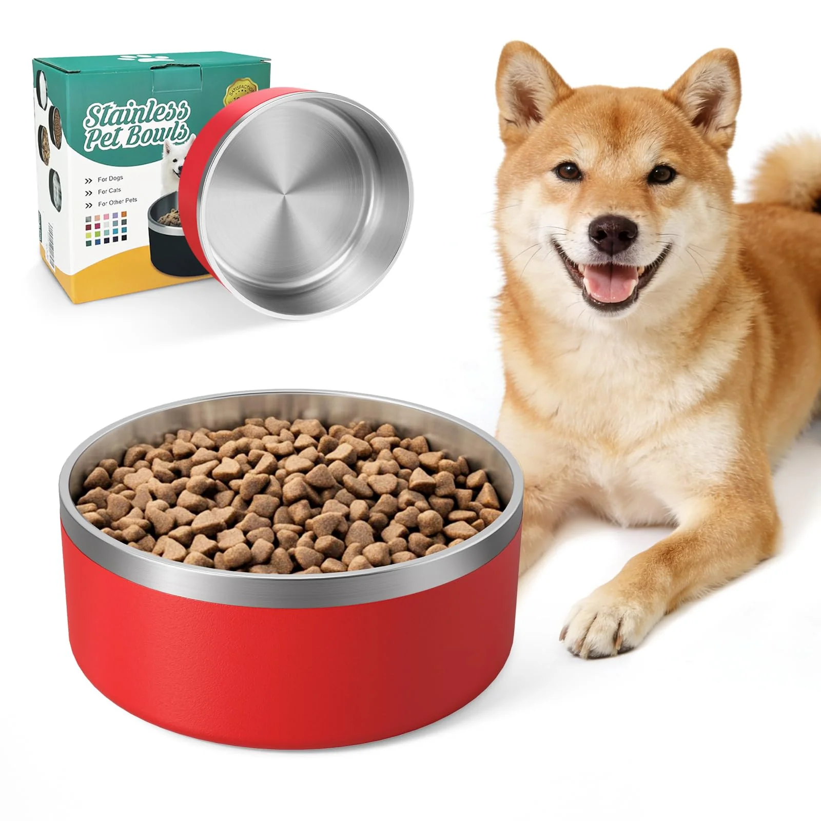 Enhanced IKITCHEN 64oz Stainless Steel Dog Bowl – Double-Wall Insulated Non-Slip Red High-Performance