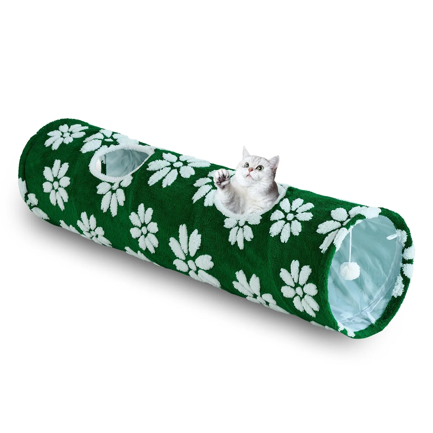 Exceptional Yaning Straight Cat Tunnel 47x12 - Collapsible Indoor Play Tube with Hanging Balls Green Flower Pattern Exclusive