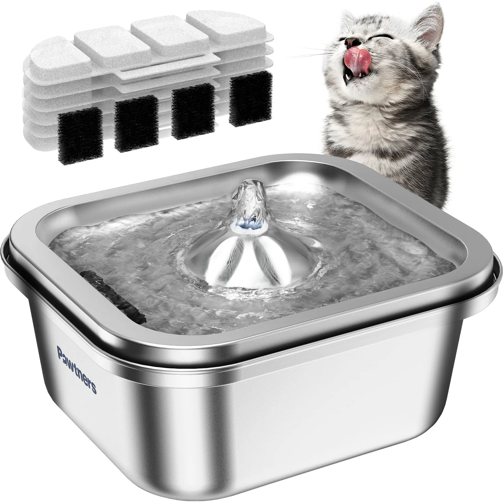Elite Pawtners Cat Water Fountain Stainless Steel 4L 140oz — Quiet Filtration 6 Filters Consistent