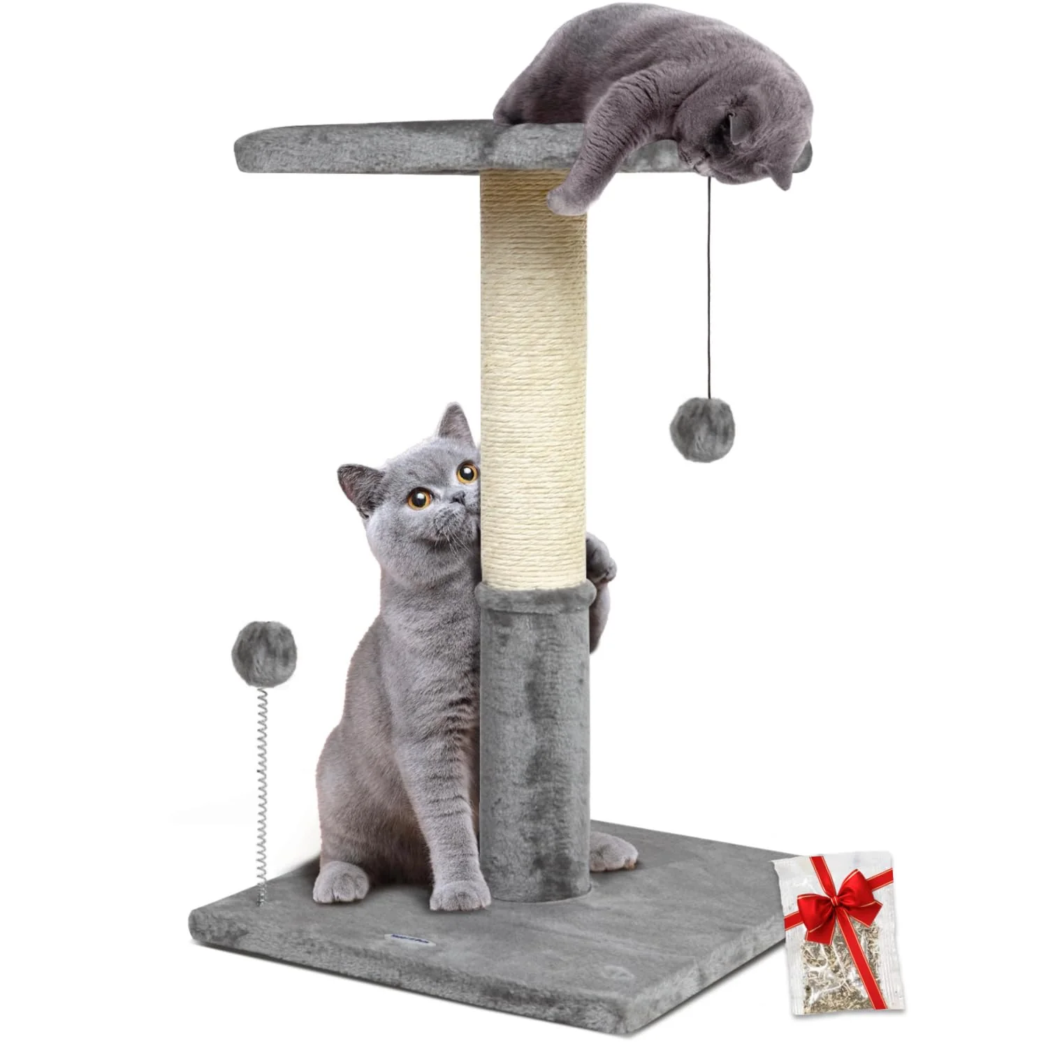 Prestigious Happi N Pets 26 Cat Scratching Post with Perch — Natural Sisal Cozy Bed Hanging Balls Light Gray