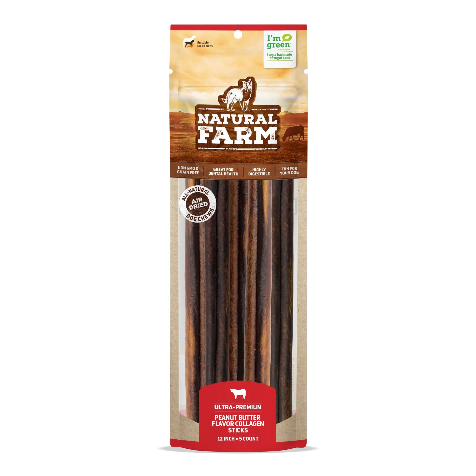 Eco-Friendly Natural Farm Peanut Butter Collagen Sticks for Dogs – 12in 5 Pack Traditional