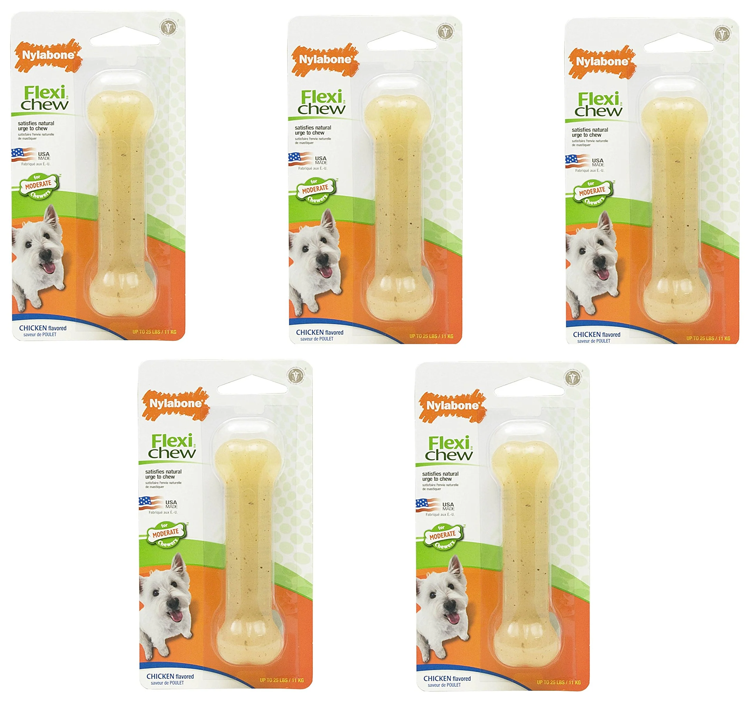 Fast Nylabone FlexiChew Chicken Flavored Bone Dog Chew Toys - Regular Size 5 Pack Pure