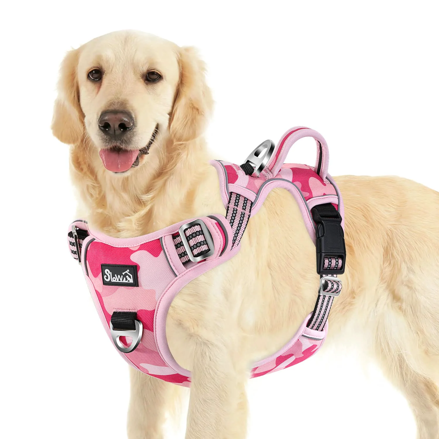 Proven SlowTon No Pull Dog Harness – Heavy-Duty Dual Clips Vertical Handle Pink Camo Large Efficient