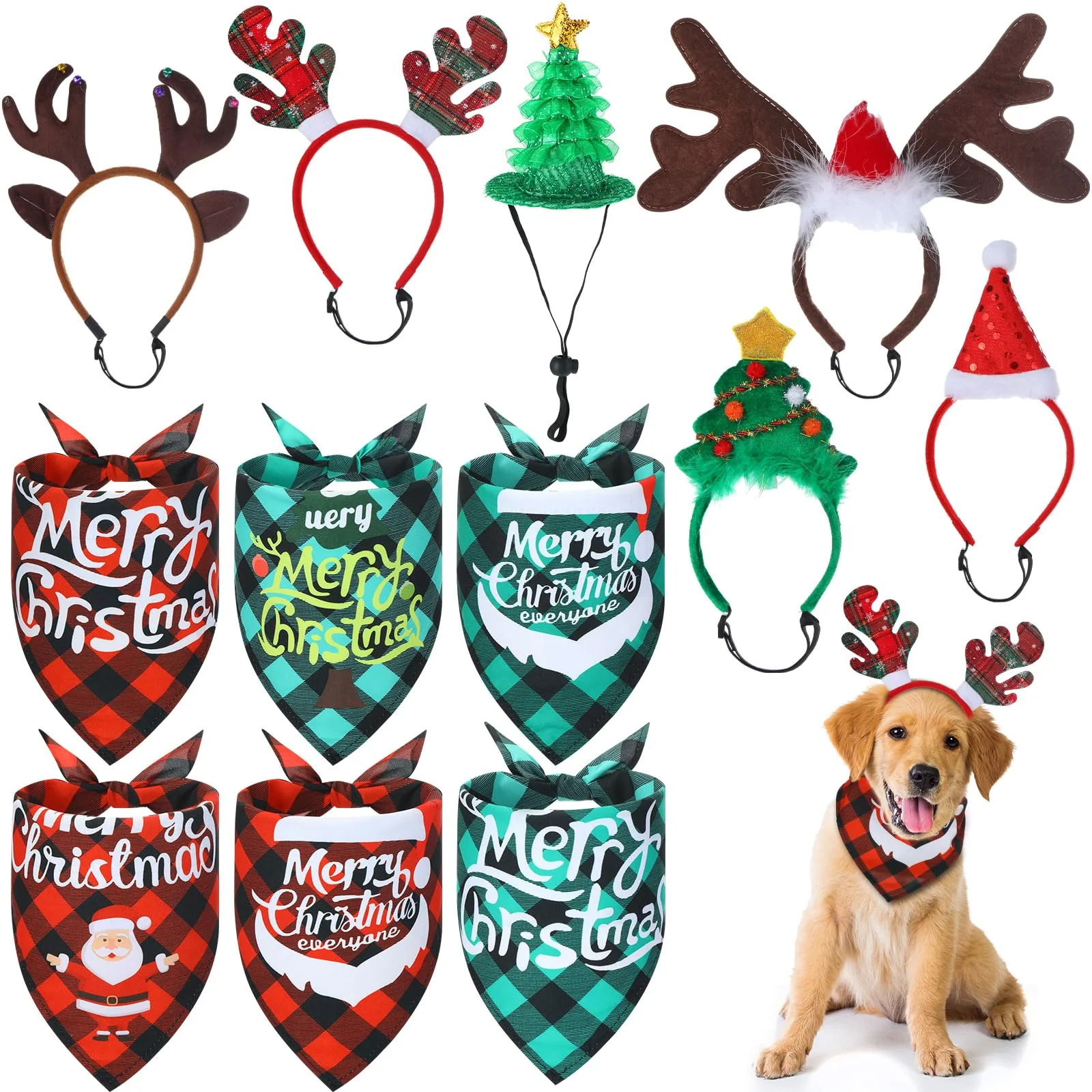 Selected Paterr 12 Pc Christmas Dog Bandanas Set Reindeer Antlers Headband Buffalo Plaid Scarves for Cats Dogs Unique