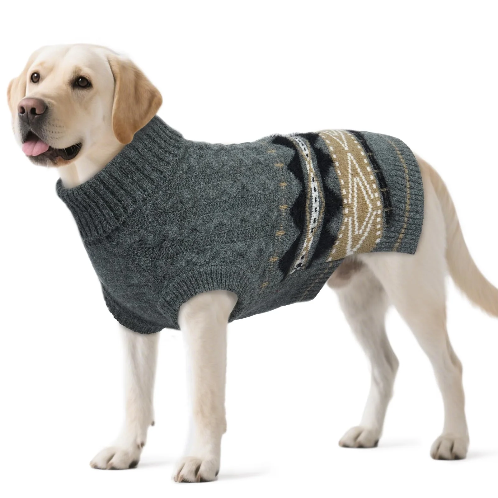 Premium LETSQK Turtle Neck Dog Sweater – Fair Isle Knit Harness Hole Grey XL Genuine